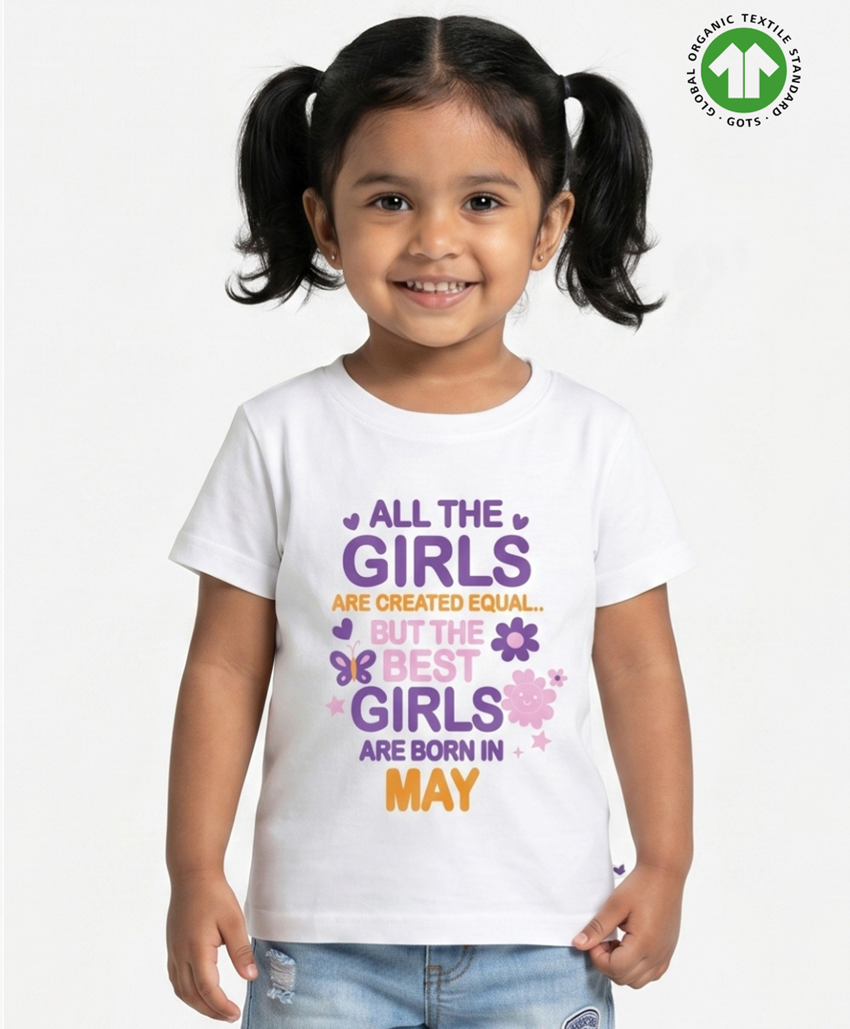 Pranava Organic Cotton Knit Half Sleeves Best Girls Are Born In May Text Printed Tee - White-picture-10