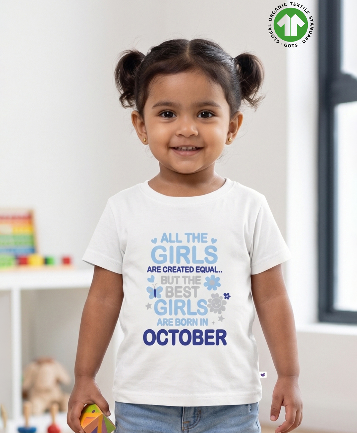Pranava Organic Cotton Knit Half Sleeves Best Girls Are Born In October Text Printed Tee - White-picture-19