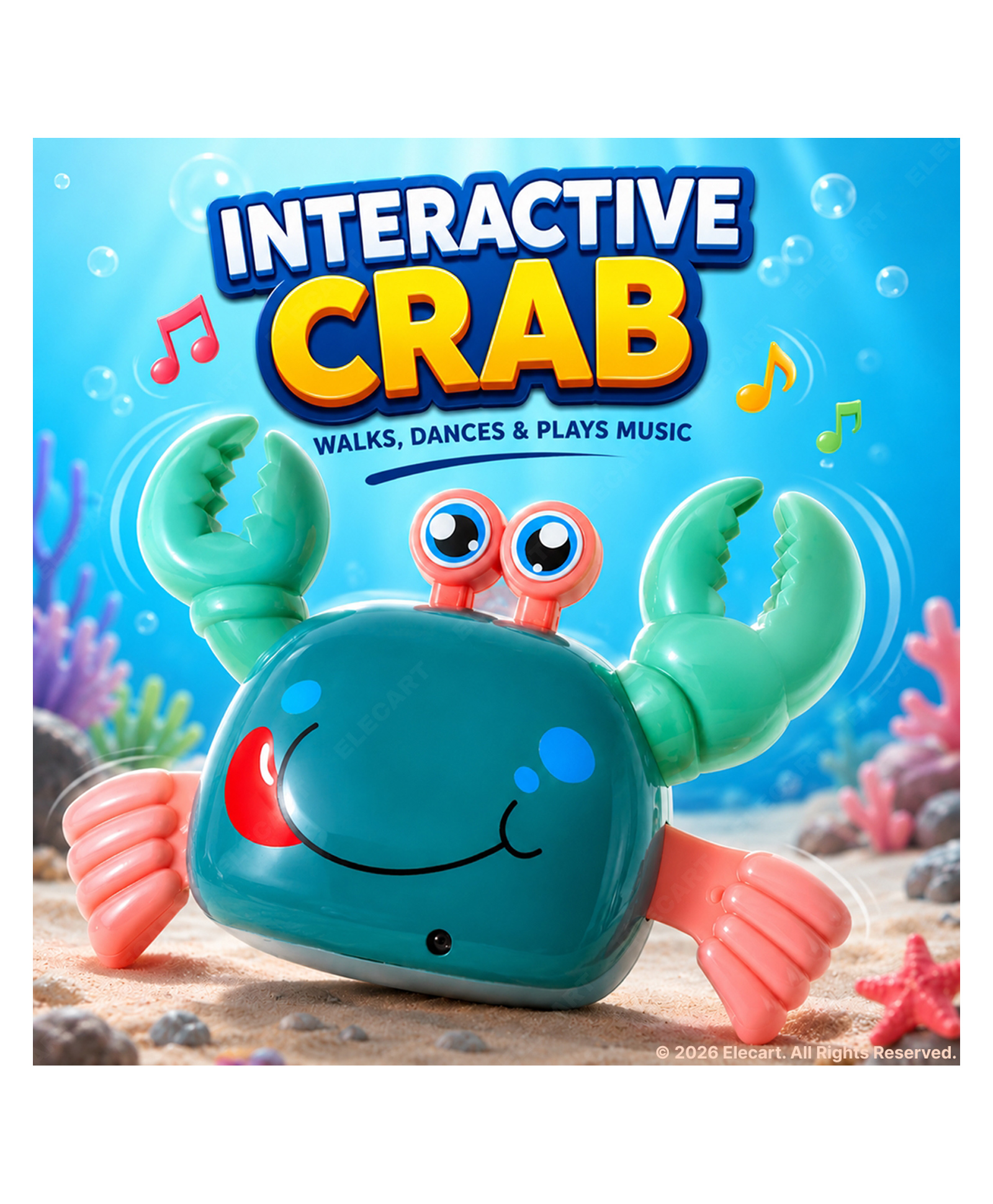 Elecart Musical Walking Crab Toy Bump & Go Crawling Crab with LED Lights, Music & Automatic Obstacle Avoidance, Interactive Early Learning Educational Toy for Babies, Toddlers & Kids (Random Color)-picture-38