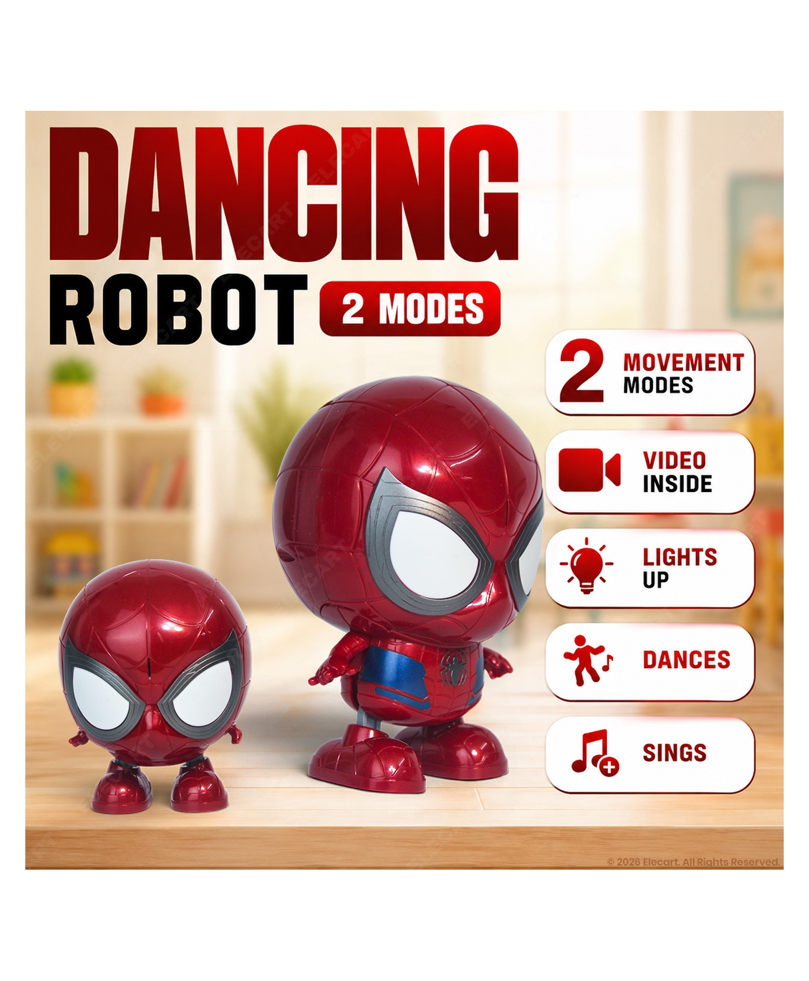 Elecart Spider Man Transforming Robot Toy for Kids Interactive Dancing Robot with Movable Arms & Legs, LED Lights, Sound Effects, Automatic Dance Action, Battery Operated Robot Toy for Kids-picture-34