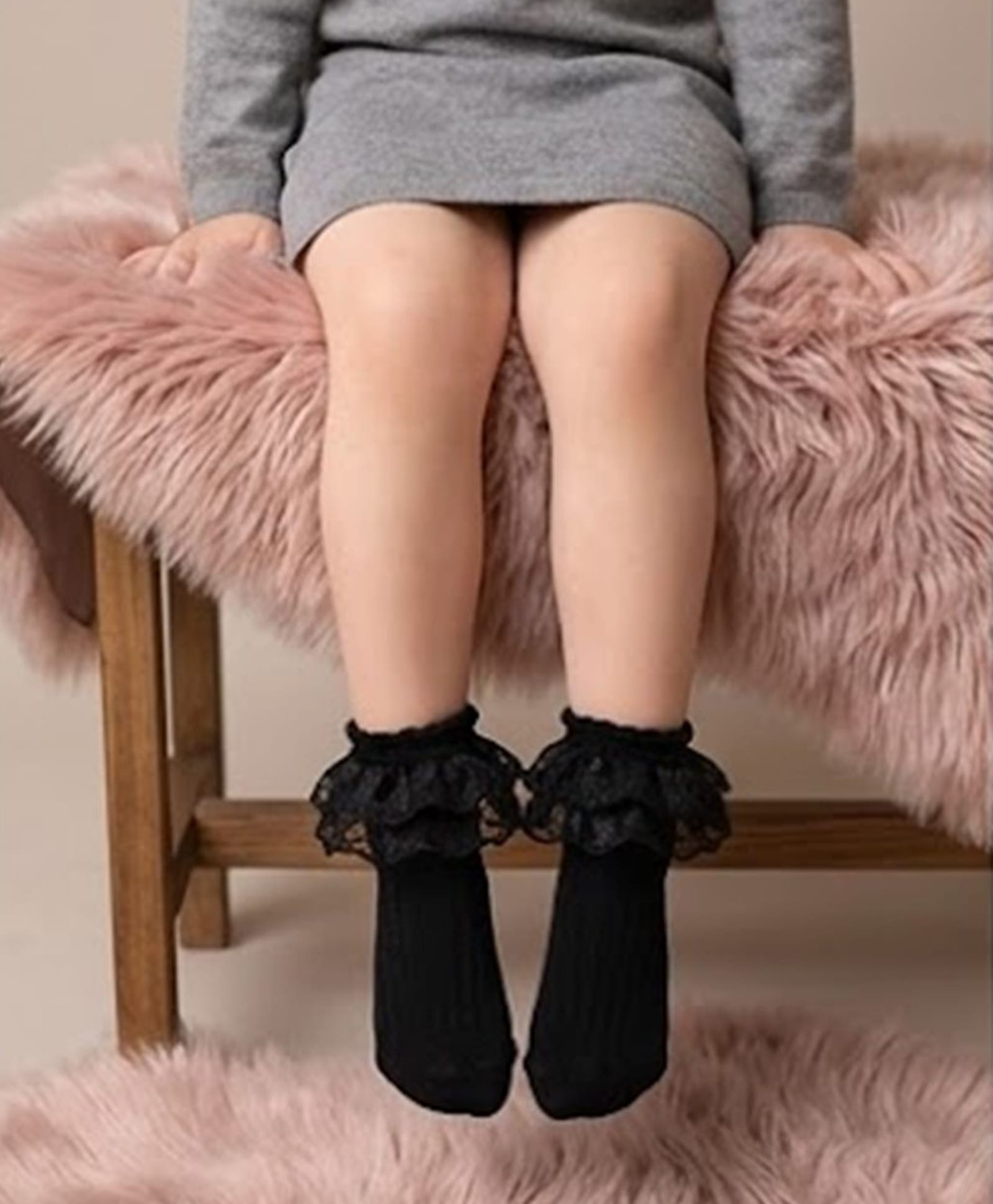Akinos Kids Cotton Elastane Knit Lace Detailed Socks - Black-image-26