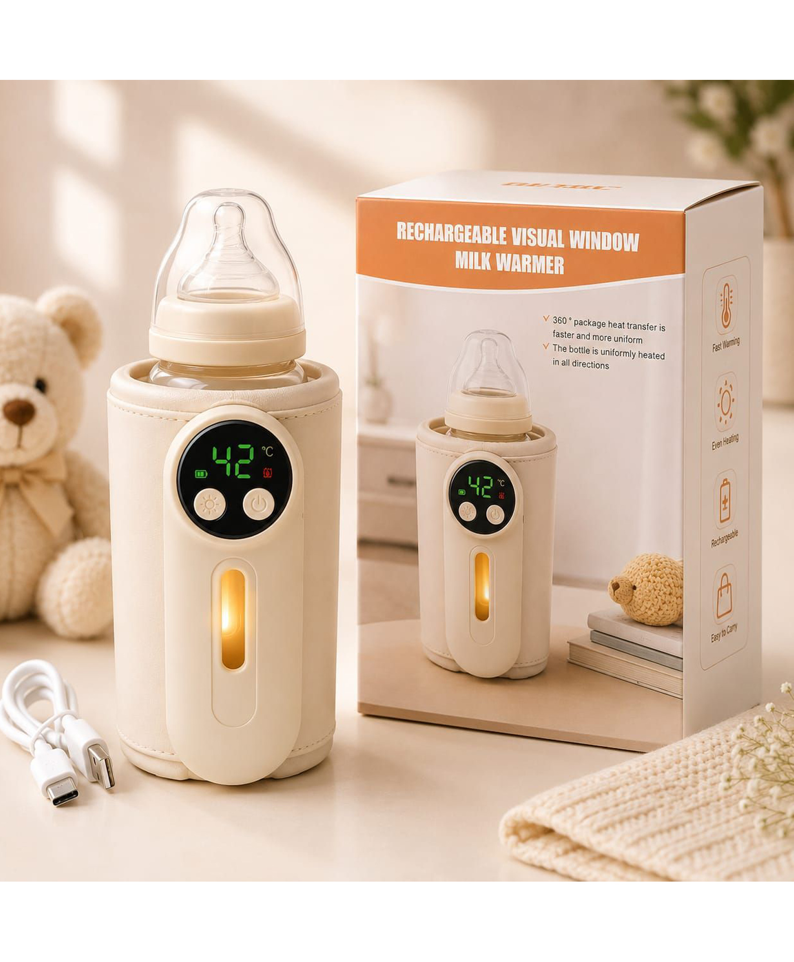 Kritiu Baby Electric Bottle Warmer with Constant Temperature Technology Portable Insulated USB Baby Milk Bottle Warmer-Cream-picture-14