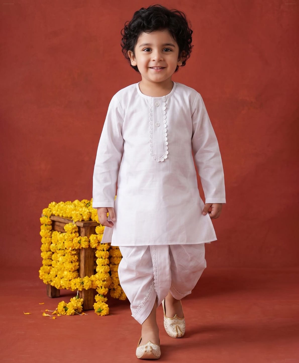 AJ Dezines Pure Cotton Woven Full Sleeves Solid Kurta & Dhoti Set - White-image-18
