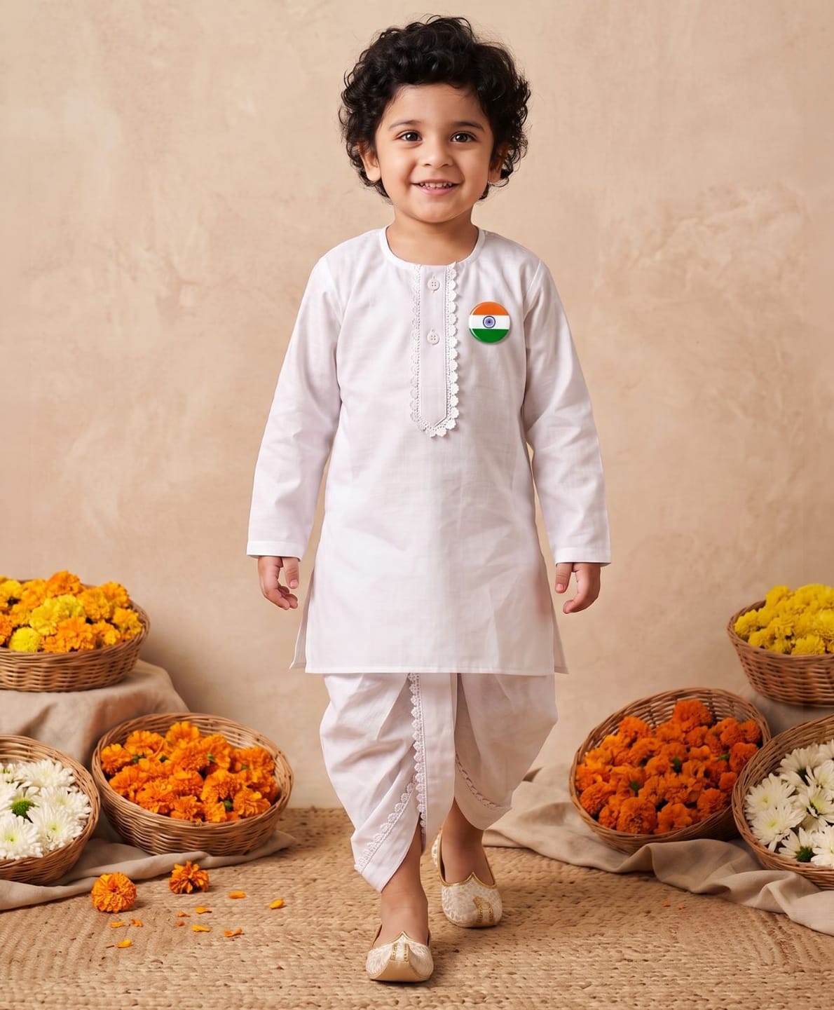 AJ Dezines Pure Cotton Woven Independence Day Theme Full Sleeves Solid Kurta & Dhoti With Tiranga Badge Set - White-picture-49