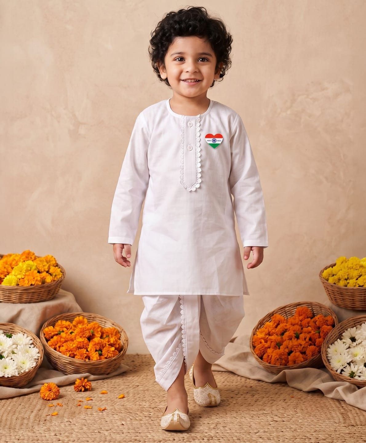 AJ Dezines Pure Cotton Woven Independence Day Theme Full Sleeves Solid Kurta & Dhoti With Heart Shaped Tiranga Badge Set - White-picture-16