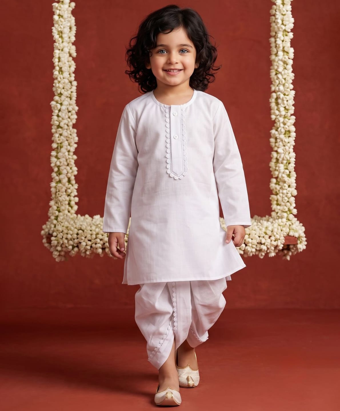 AJ Dezines Pure Cotton Woven Full Sleeves Solid Kurta & Dhoti Set - White-picture-47