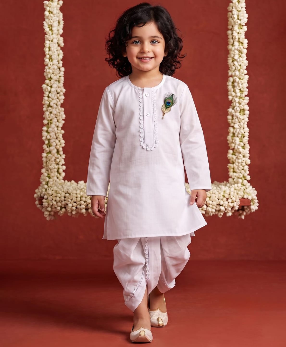 AJ Dezines Pure Cotton Woven Janmashtami Theme Full Sleeves Solid Kurta & Dhoti With Mor Pankh Badge Set - White-picture-20
