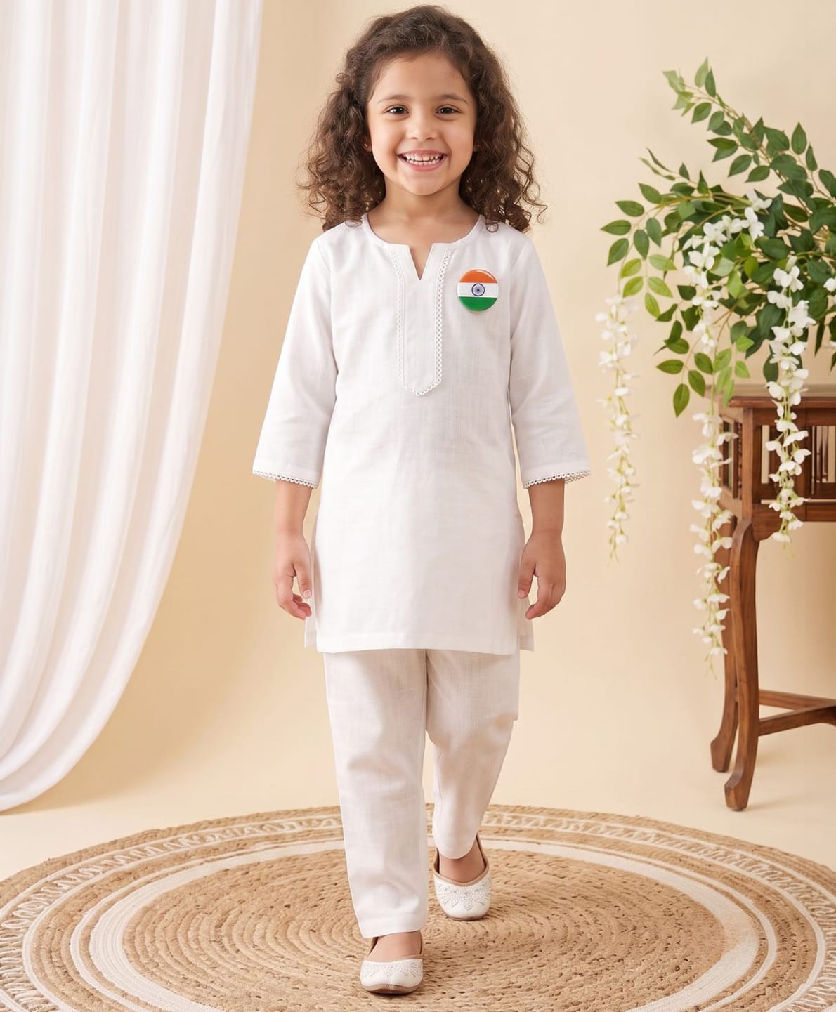 AJ Dezines Pure Cotton Woven Independence Day Theme Three Fourth Sleeves Solid Kurti & Pants With Tiranga Badge Set - White-image-37