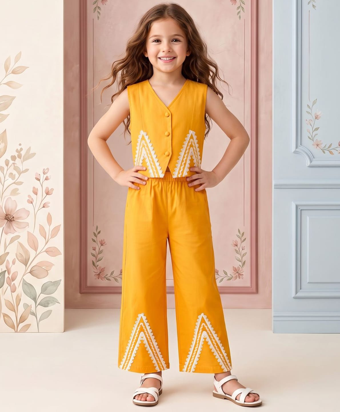 AJ Dezines Pure Cotton Woven Sleeveless Lace Embellished Waistcoat Top & Palazzo Set - Mustard-picture-42