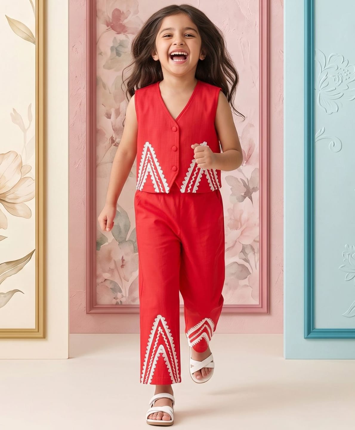 AJ Dezines Pure Cotton Woven Sleeveless Lace Embellished Waistcoat Top & Palazzo Set - Red-picture-15