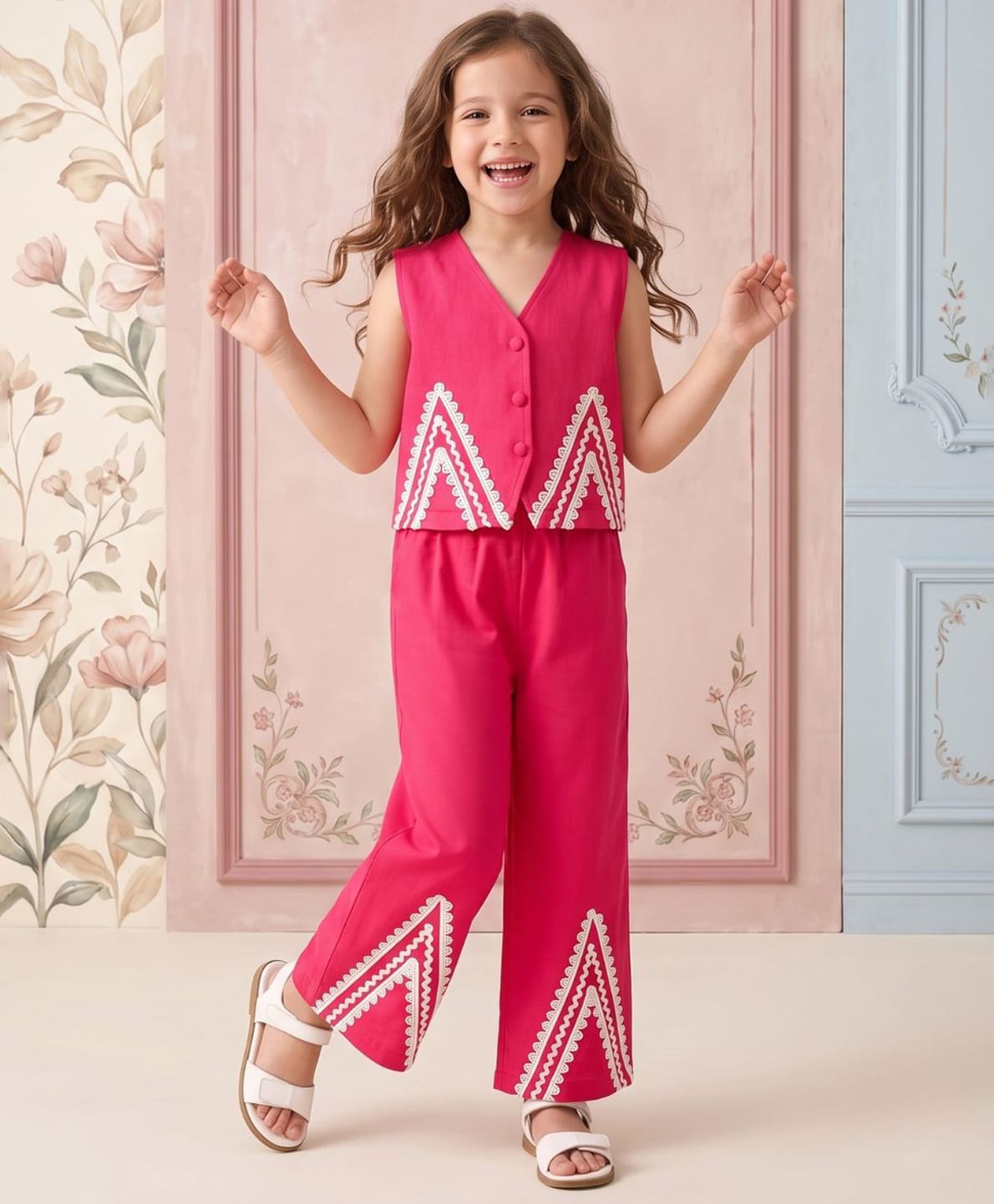 AJ Dezines Pure Cotton Woven Sleeveless Lace Embellished Waistcoat Top & Palazzo Set - Pink-picture-14