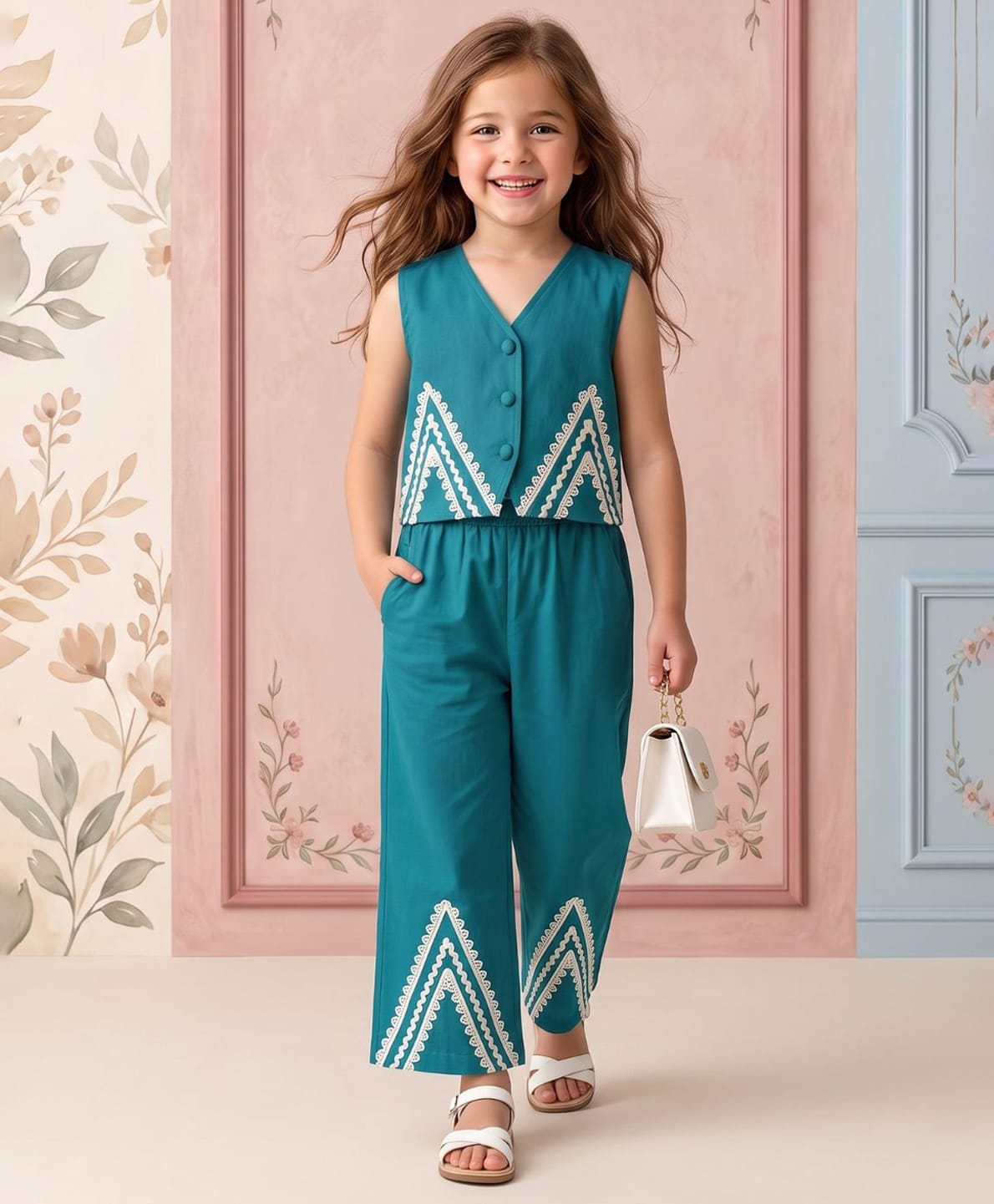 AJ Dezines Pure Cotton Woven Sleeveless Lace Embellished Waistcoat Top & Palazzo Set - Firozi-picture-3