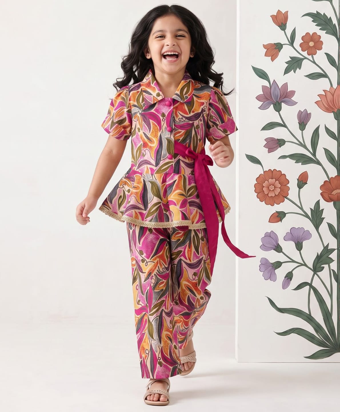 AJ Dezines Pure Cotton Woven Half Sleeves Floral Printed Coordinating Shirt Style Top & Palazzo Set - Pink-picture-17