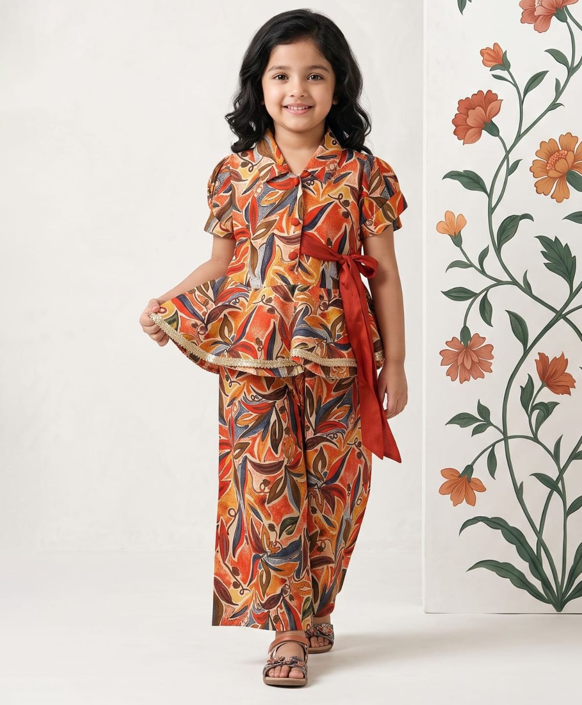 AJ Dezines Pure Cotton Woven Half Sleeves Floral Printed Coordinating Shirt Style Top & Palazzo Set - Orange-picture-9