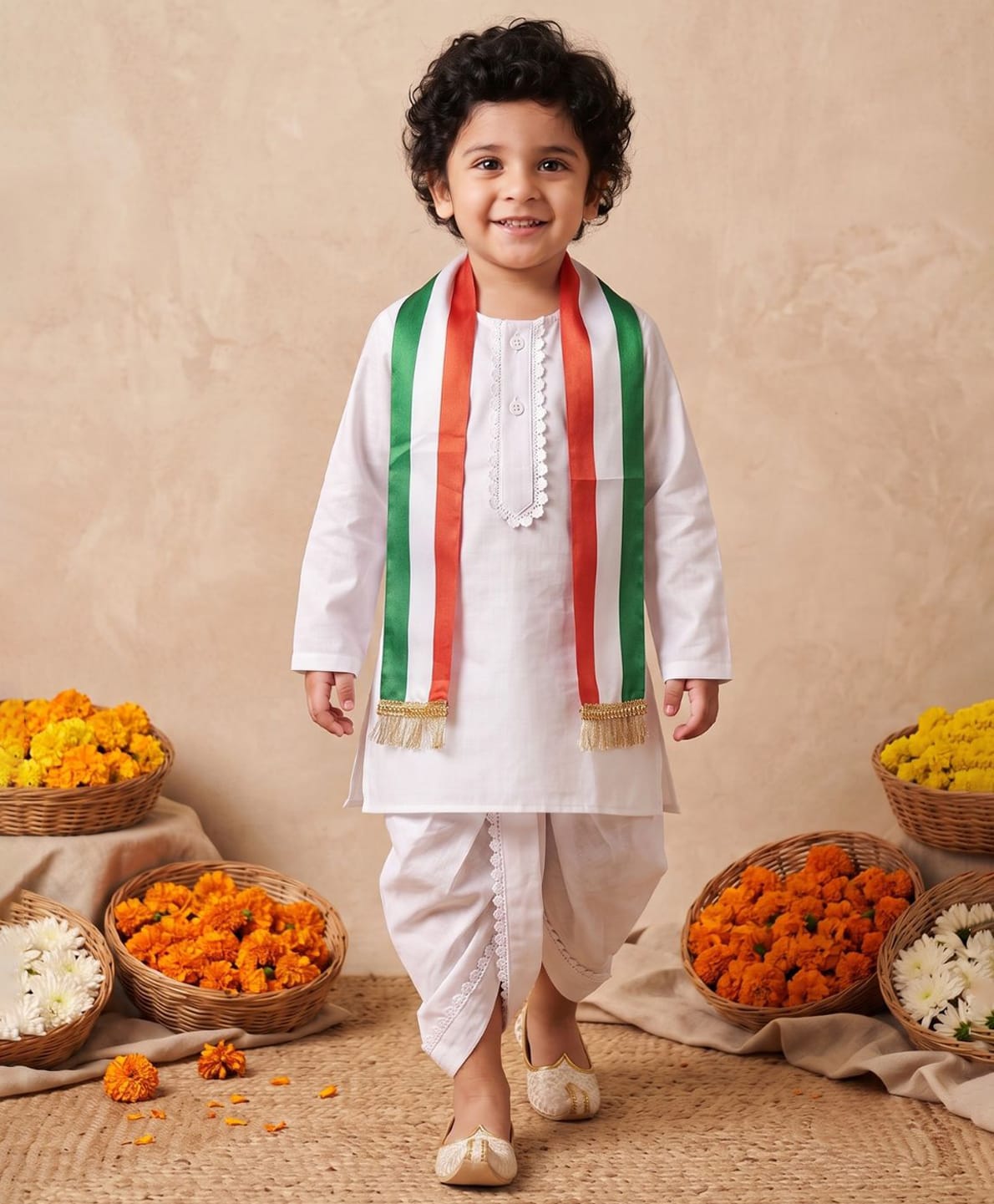 AJ Dezines Pure Cotton Woven Independence Day Theme Full Sleeves Solid Kurta & Dhoti With Tiranga Dupatta Set - White-picture-10