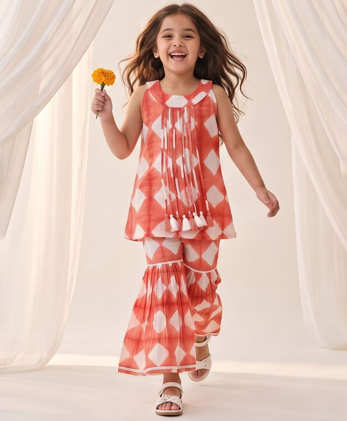 AJ Dezines Pure Cotton Woven Sleeveless Geometric Printed Tassels Embellished Kurti & Sharara Set - Orange-picture-13