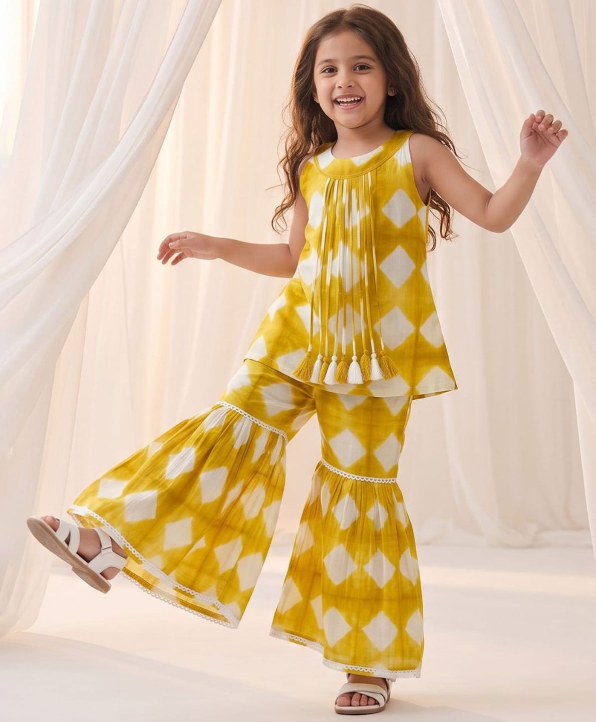 AJ Dezines Pure Cotton Woven Sleeveless Geometric Printed Tassels Embellished Kurti & Sharara Set - Mustard-picture-2