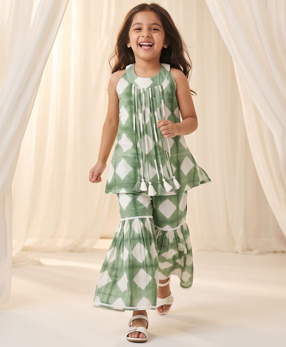 AJ Dezines Pure Cotton Woven Sleeveless Geometric Printed Tassels Embellished Kurti & Sharara Set - Green-image-1