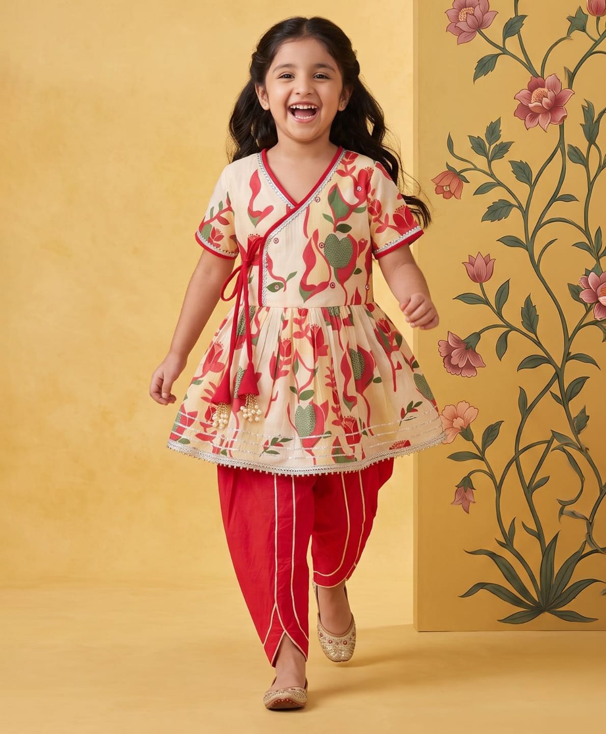 AJ Dezines Pure Cotton Woven Half Sleeves Floral Printed Lace Embellished Angrakha Style Kurti & Dhoti Set - Red-picture-18