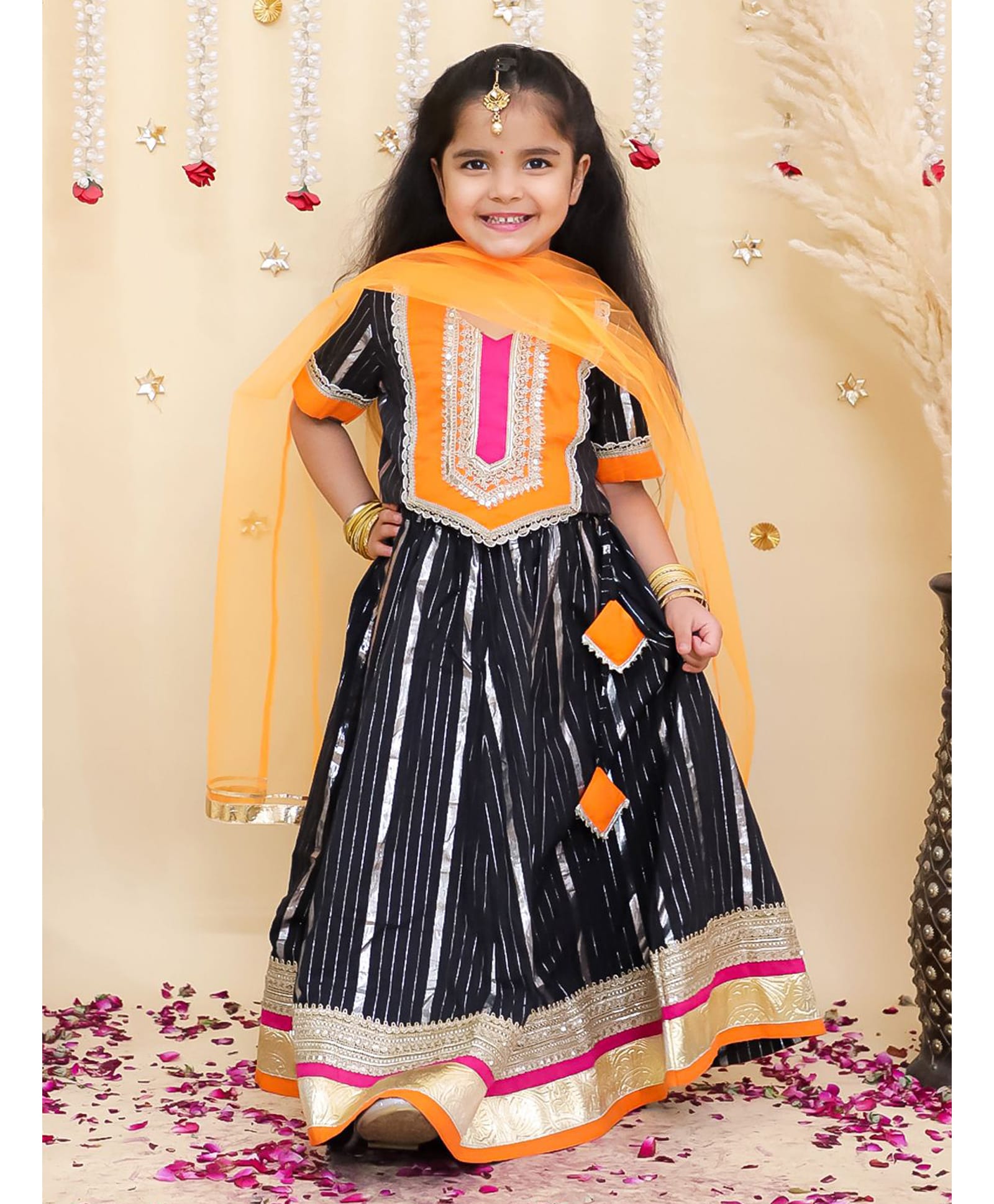 BownBee Pure Cotton Woven Half Sleeves Lace Detailed Lehenga Choli Set With Dupatta - Black-image-32
