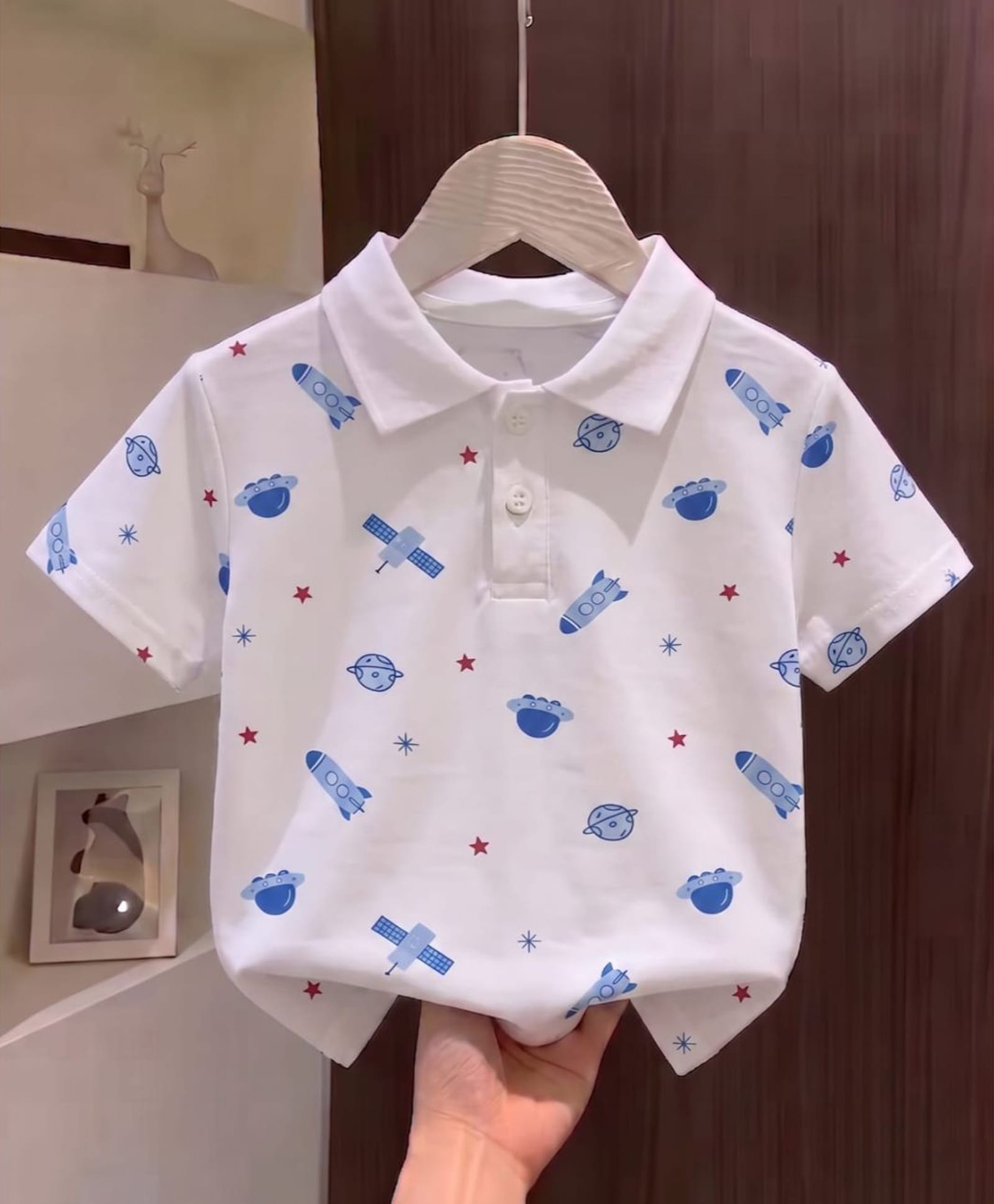 The Kids Club Cotton Knit Half Sleeves Space Theme Printed Polo Tee - White-picture-16