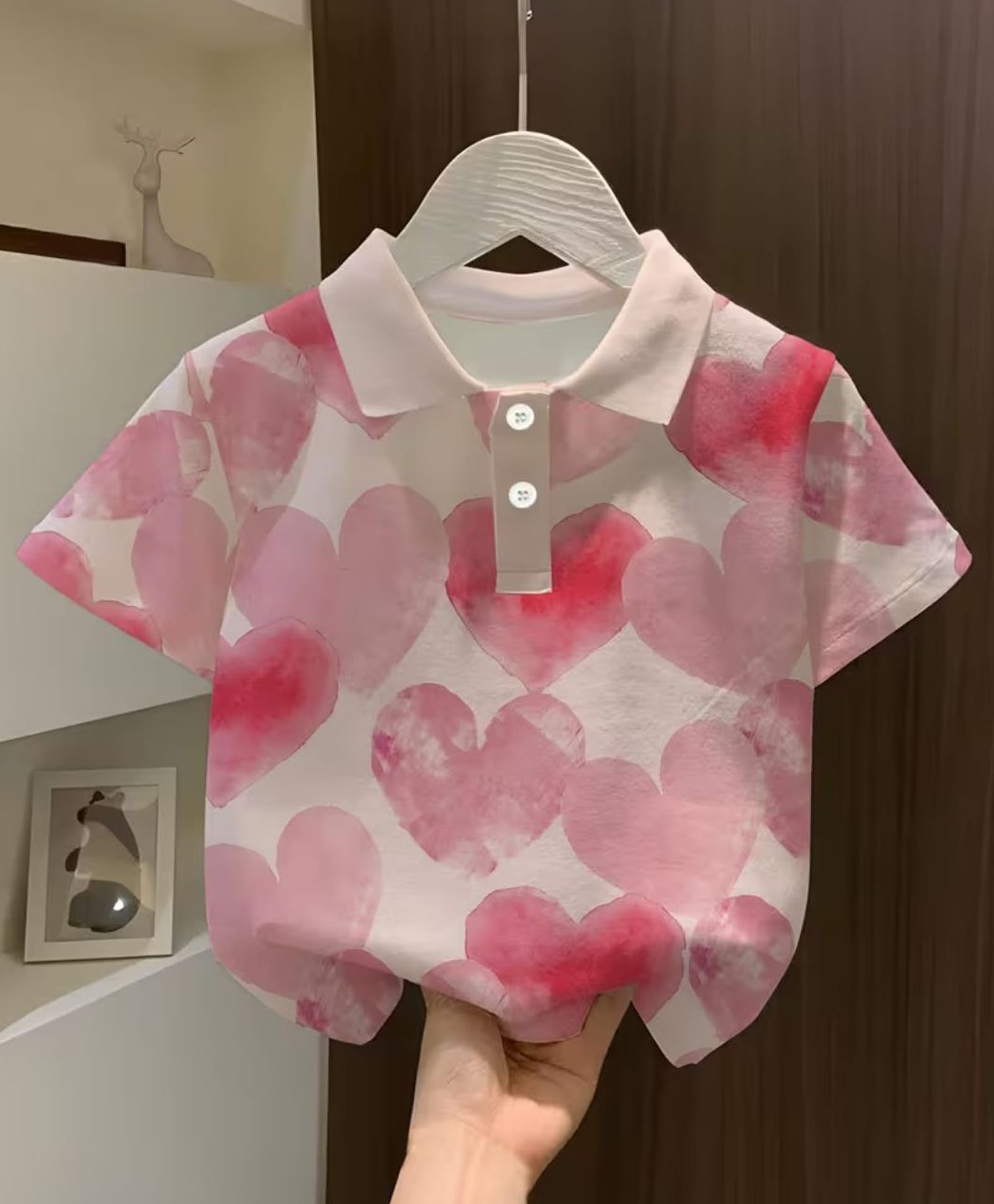 The Kids Club Cotton Knit Half Sleeves Hearts Printed Polo Tee - Pink-picture-20
