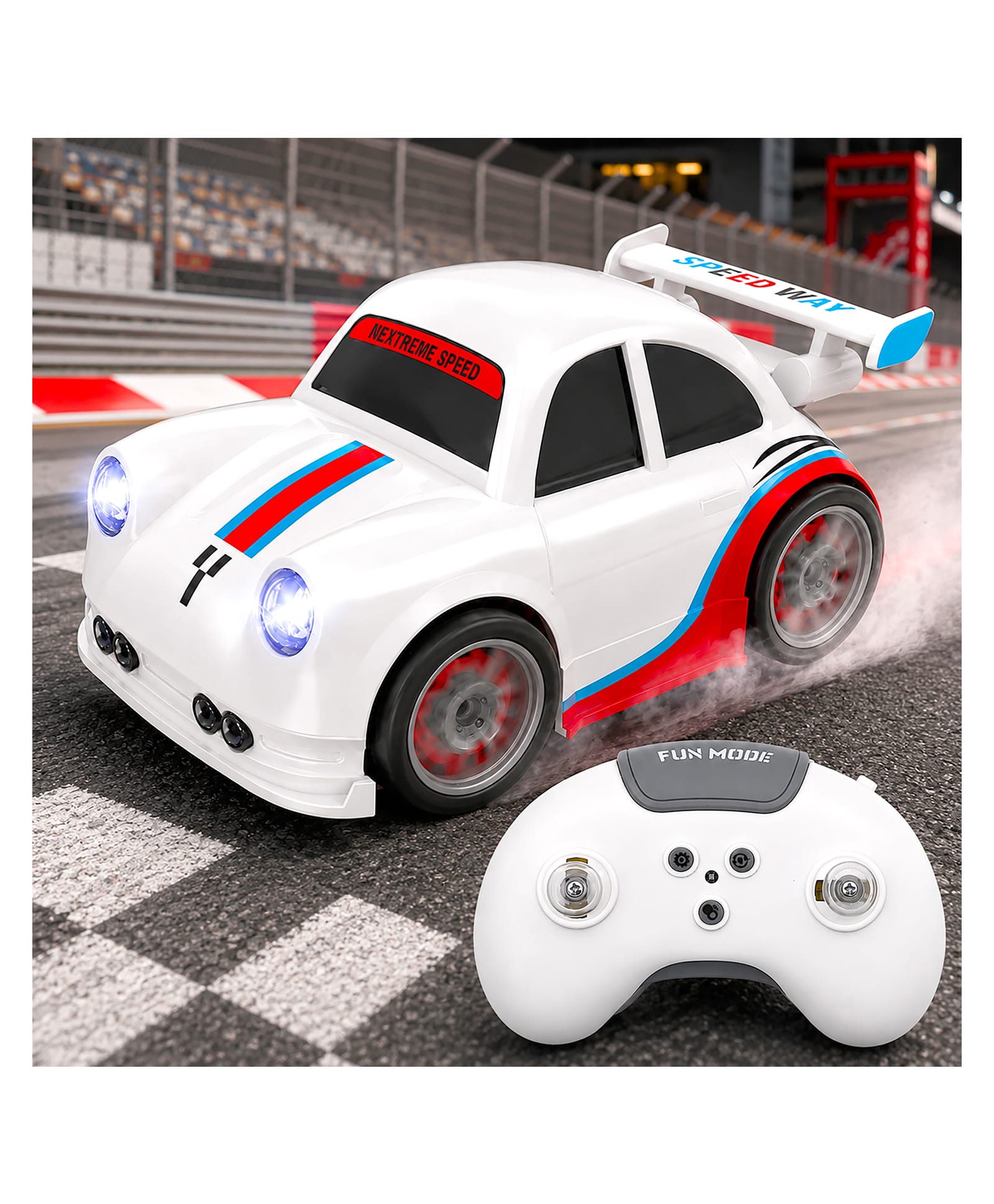 VGRASSP 2.4 GHz RC Mini Drift Stunt Car Toy For Kids With LED Headlights And Sound Effects - Rechargeable 360° Rotating Remote Control Racing Car With Follow Me - Escape Mode - White-picture-12