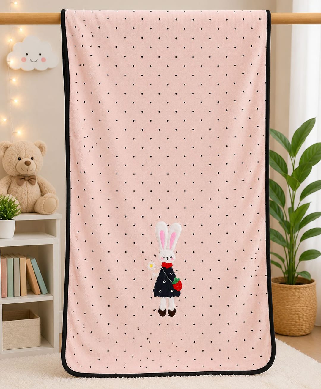 ZQBIEE Knit Polka Dots Designed Bunny Embroidered Towel - Pink-image-34