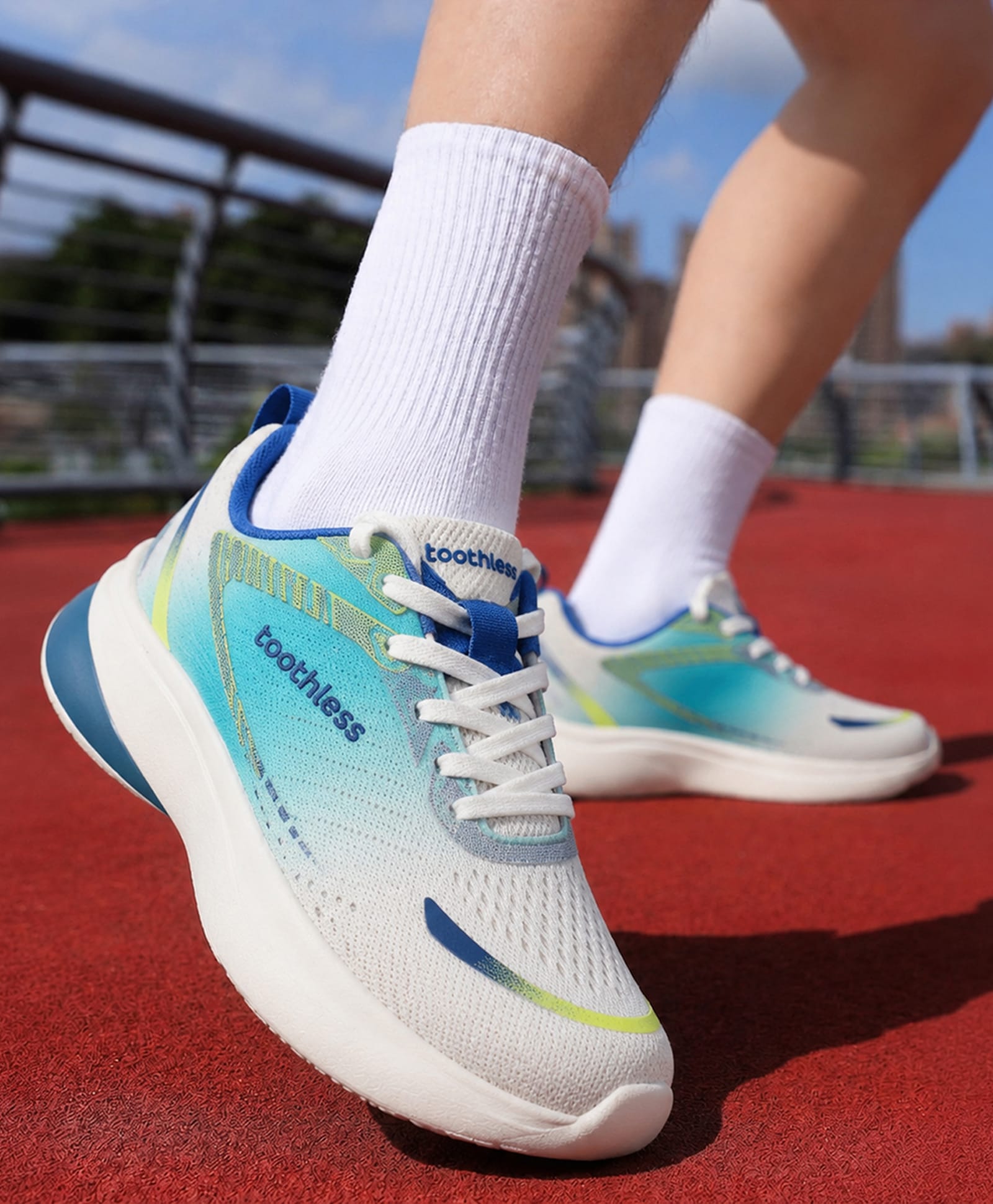 Toothless Mesh Detailed Abstract Designed Lace Up Ombre Shoes - White & Blue-image-42