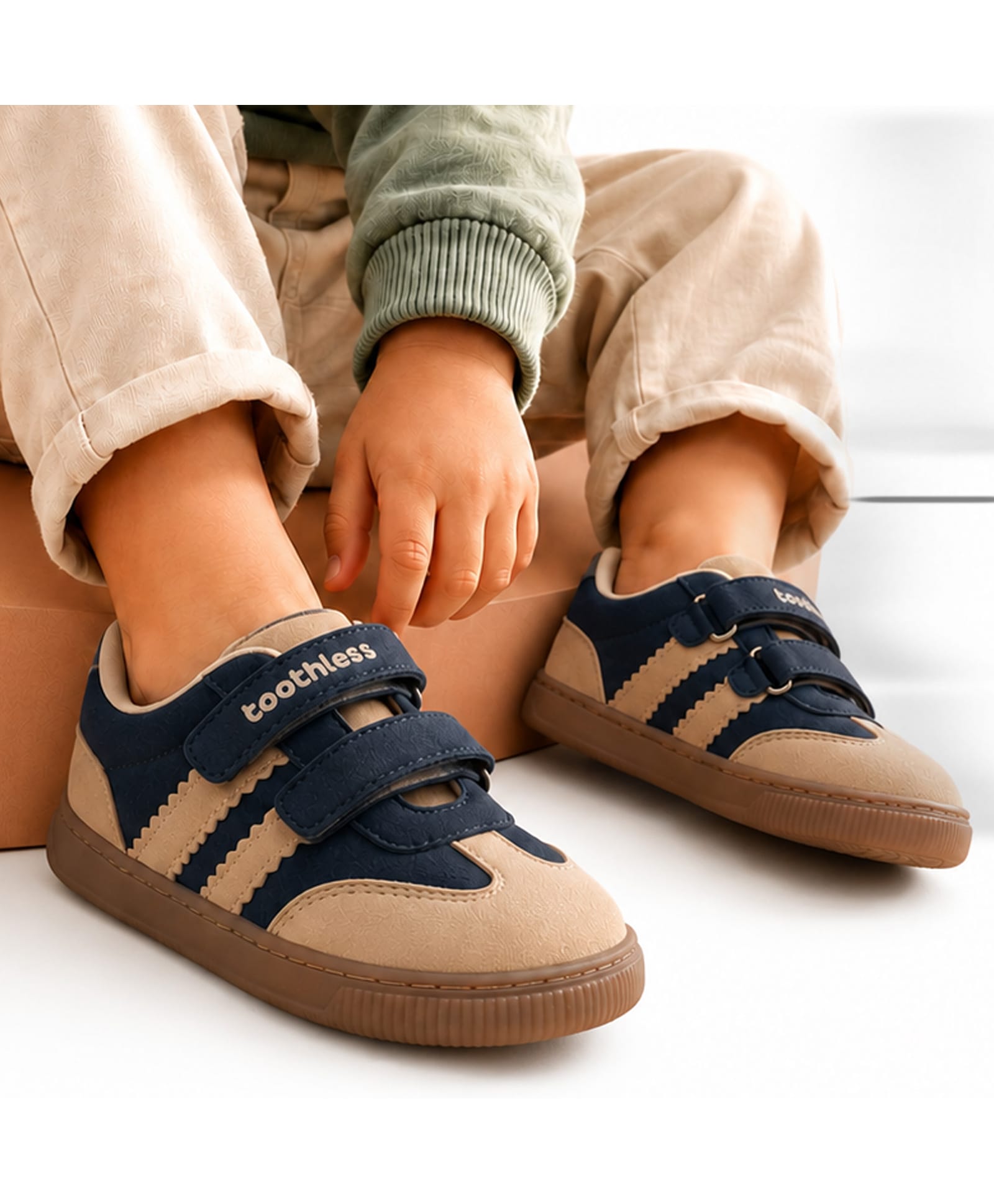 Toothless Abstract Designed Colour Blocked Velcro Closure Sneakers - Navy Blue & Beige-image-47