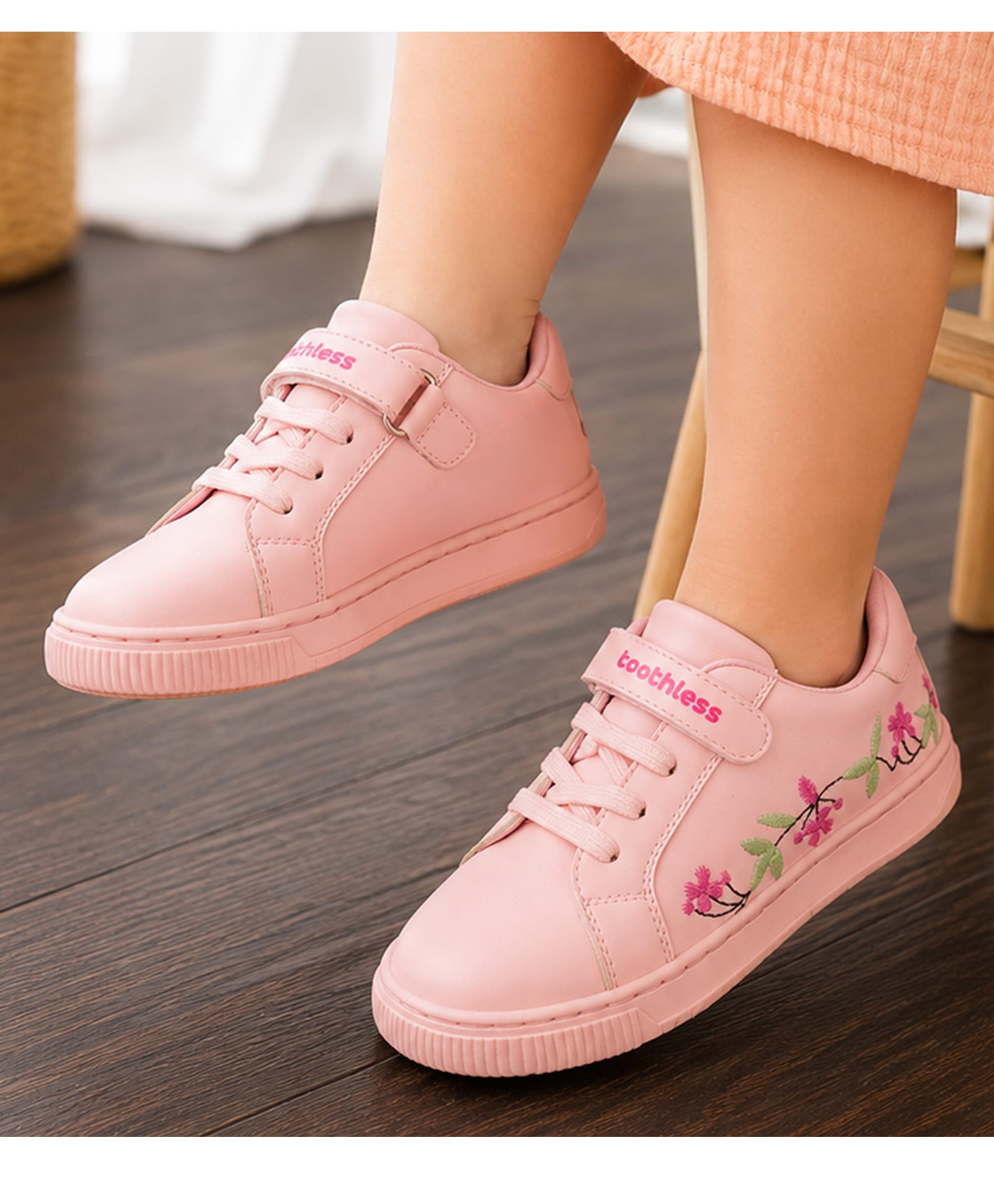 Toothless Floral Embroidered Velcro Closure Shoes - Pink-image-27
