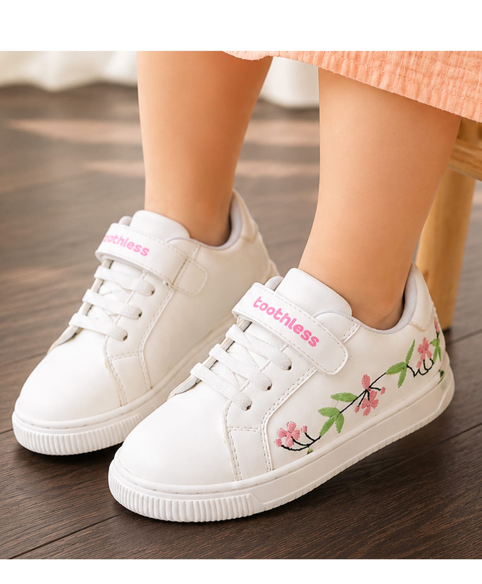 Toothless Floral Embroidered Velcro Closure Shoes - White-image-33