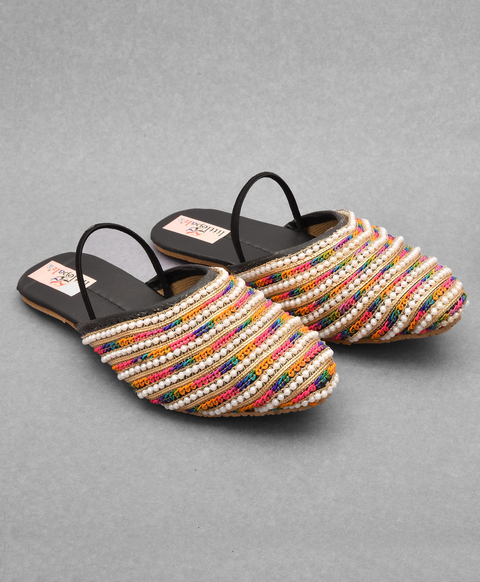 Little Palz Thread Work Embroidered & Pearl Embellished Sandals - Black & Multi Colour-image-40