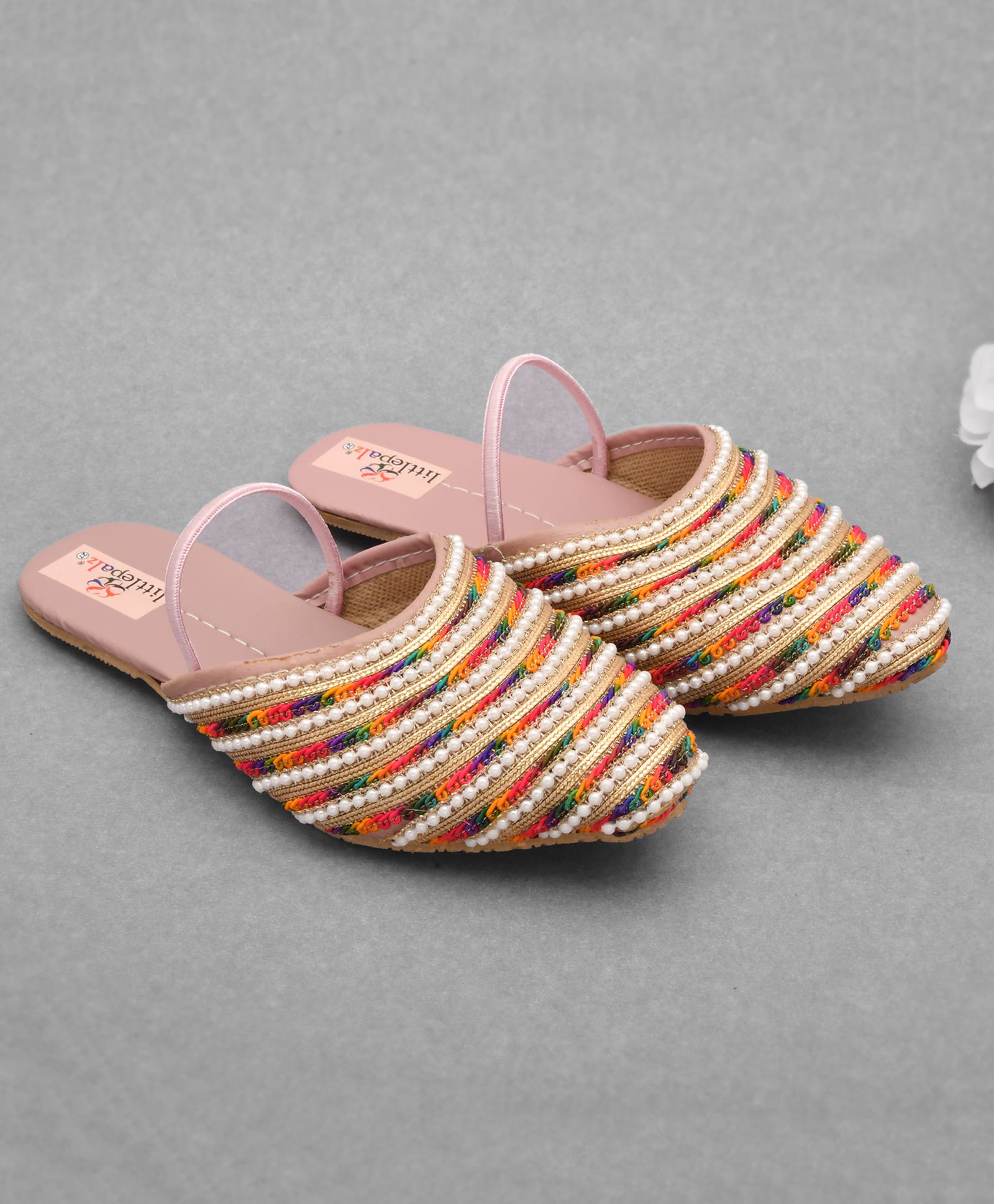 Little Palz Thread Work Embroidered & Pearl Embellished Sandals - Multi Colour-picture-12