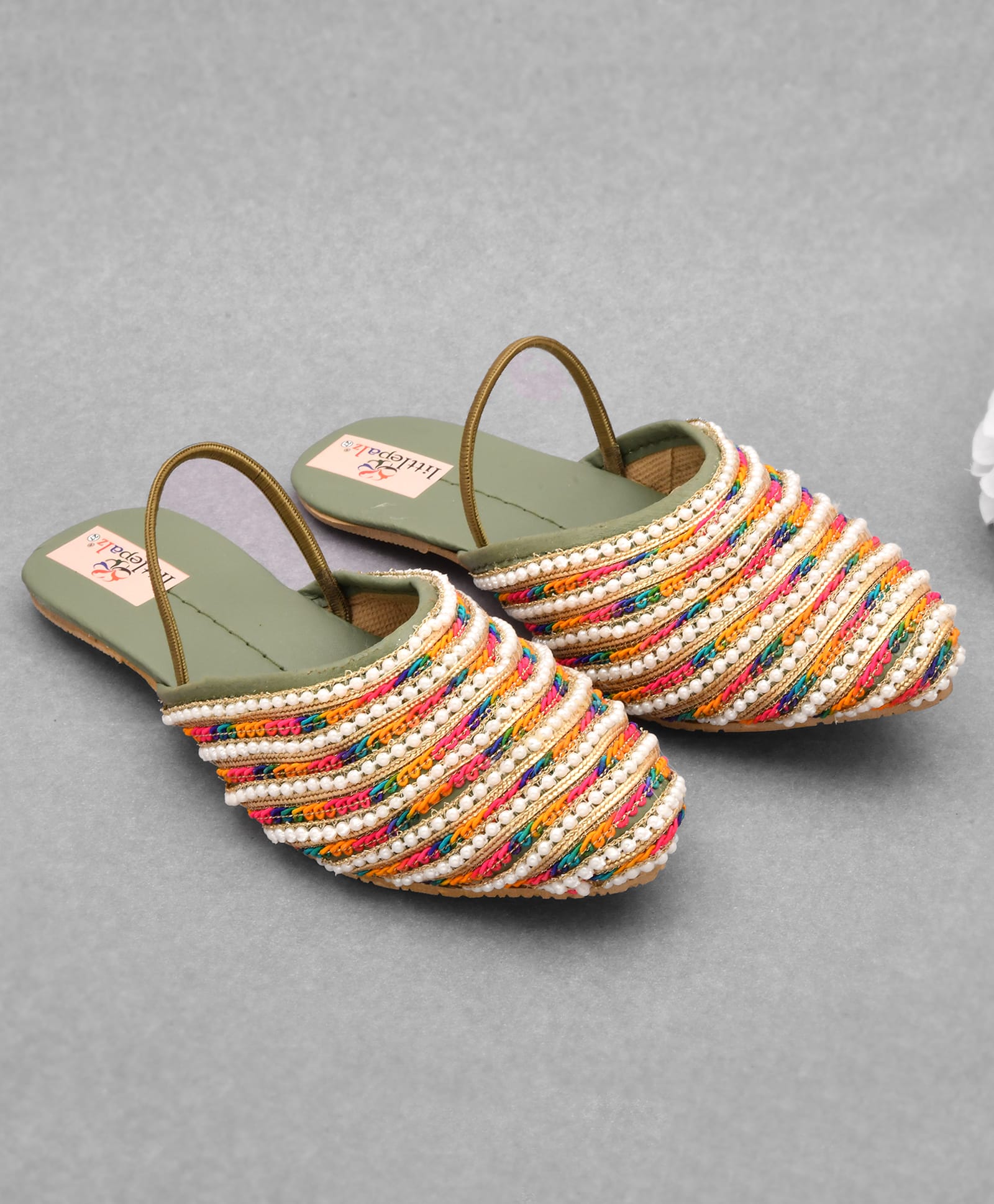 Little Palz Thread Work Embroidered & Pearl Embellished Sandals - Green & Multicolor-picture-23
