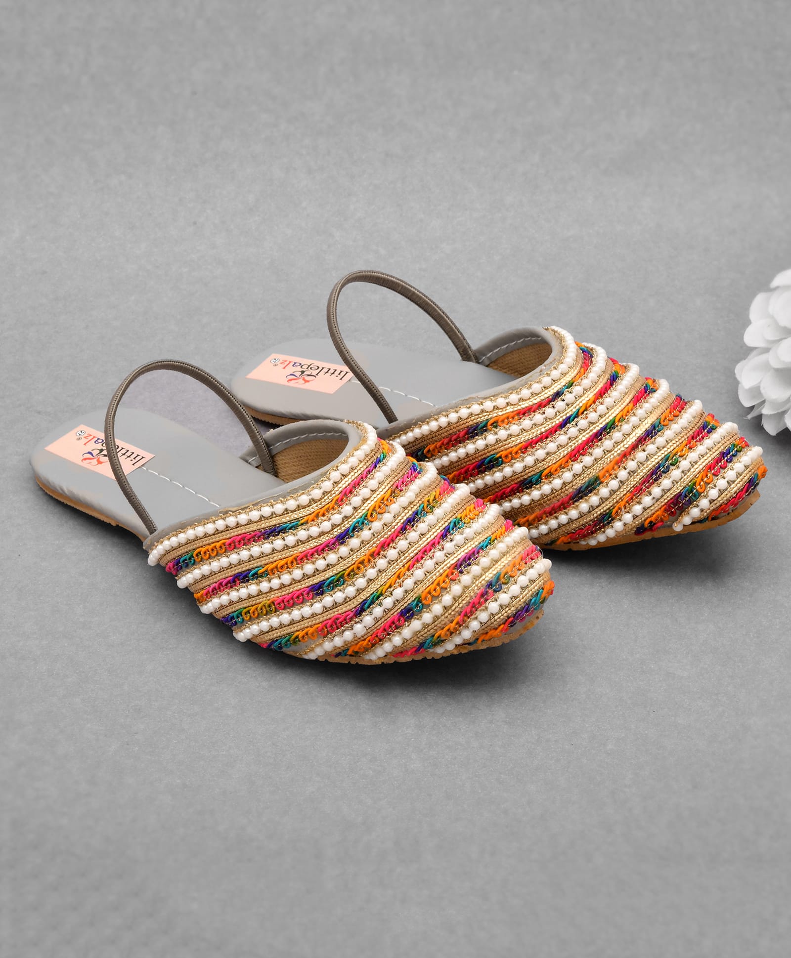 Little Palz Thread Work Embroidered & Pearl Embellished Sandals - Grey & Multicolor-picture-11