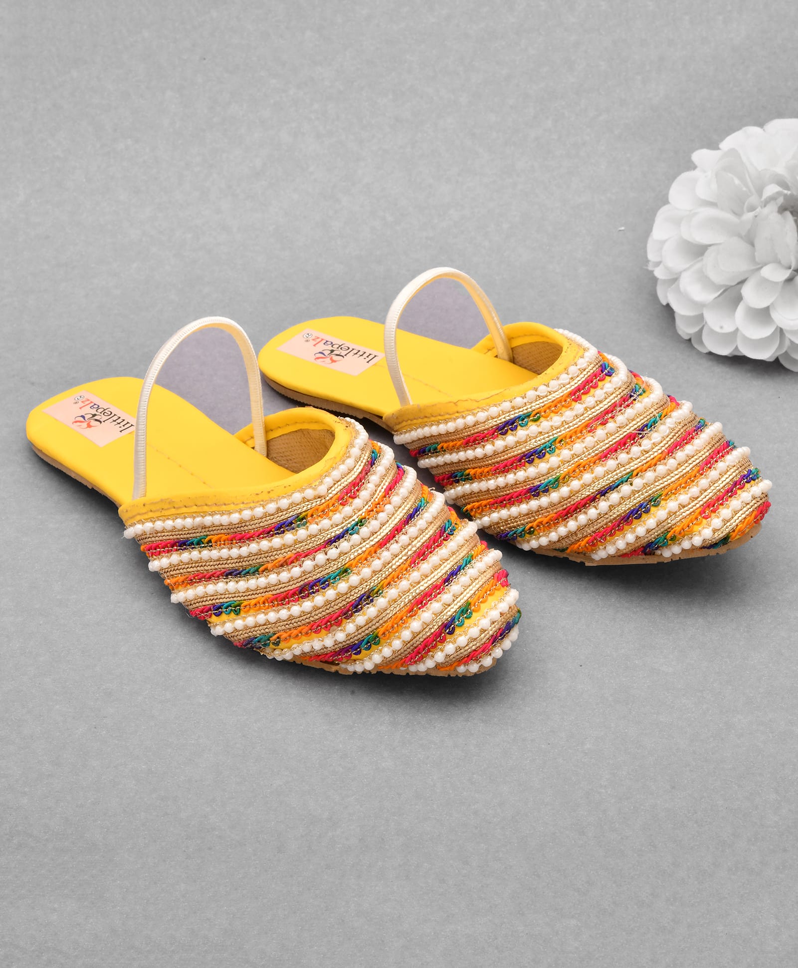 Little Palz Thread Work Embroidered & Pearl Embellished Sandals - Yellow & Multicolor-image-17