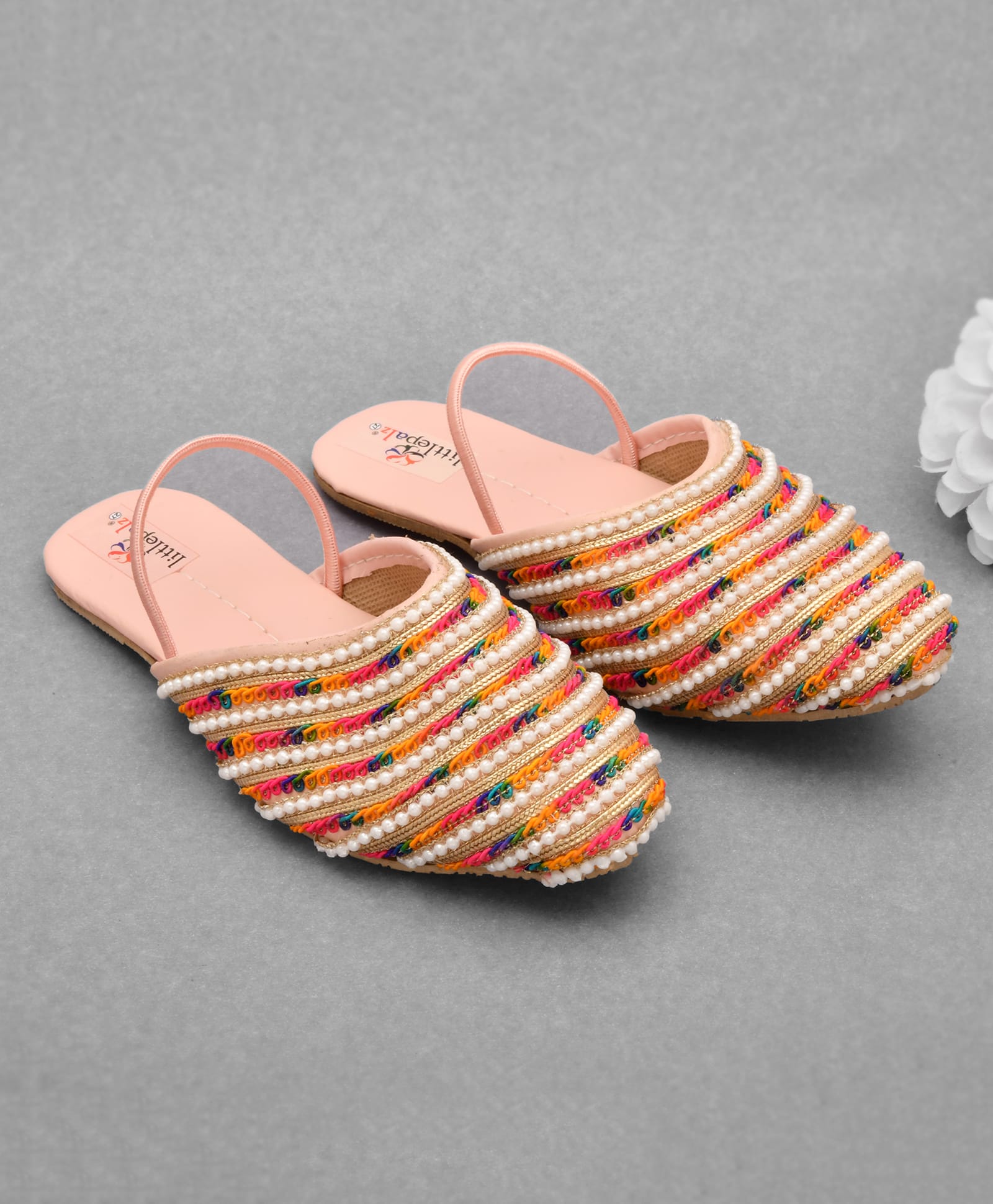 Little Palz Thread Work Embroidered & Pearl Embellished Sandals - Light Pink & Multi Colour-picture-21