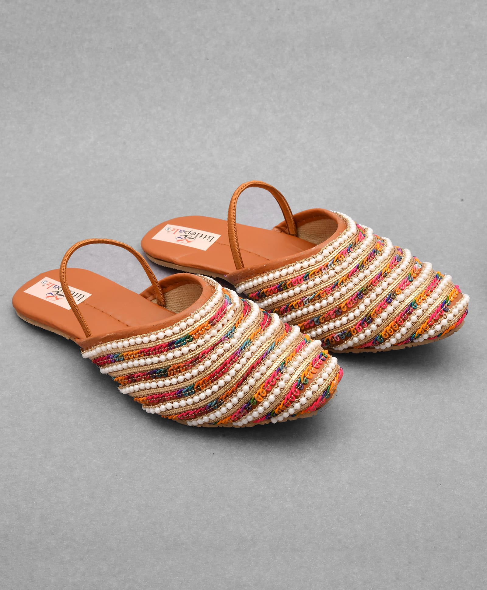 Little Palz Thread Work Embroidered & Pearl Embellished Sandals - Brown & Multicolor-image-8