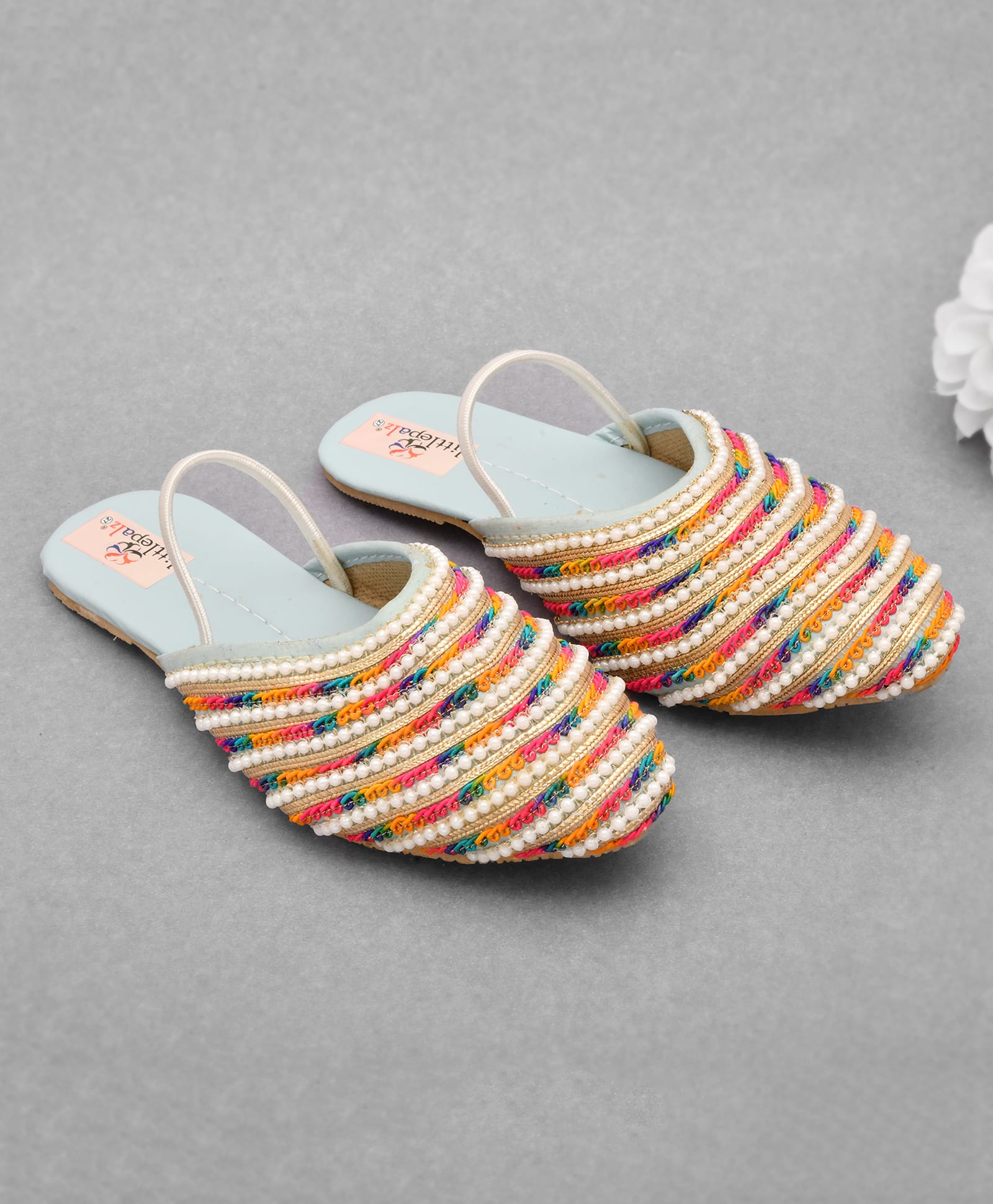 Little Palz Thread Work Embroidered & Pearl Embellished Sandals - Light Blue & Multicolor-image-20