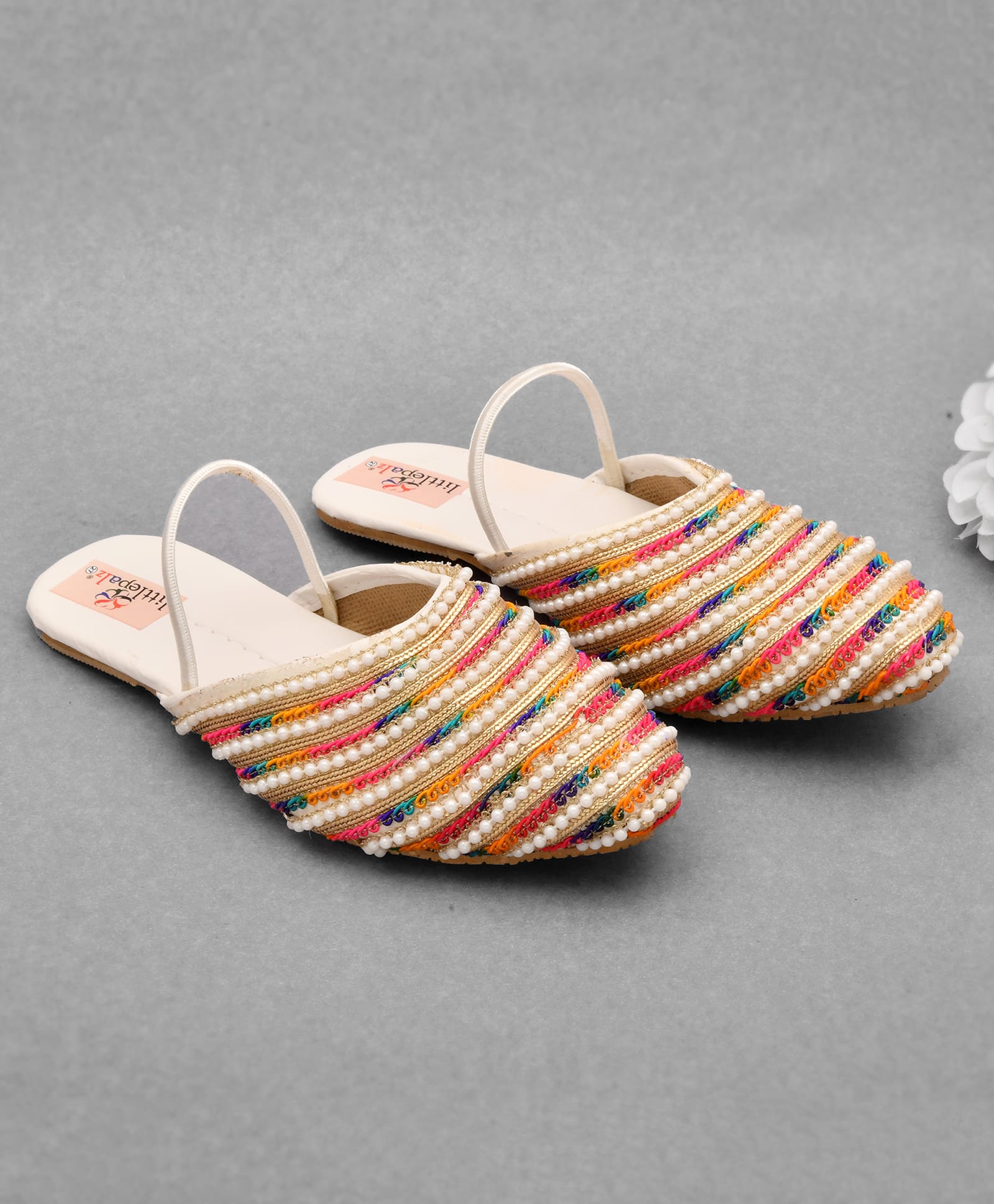 Little Palz Thread Work Embroidered & Pearl Embellished Sandals - White & Multi Colour-picture-15