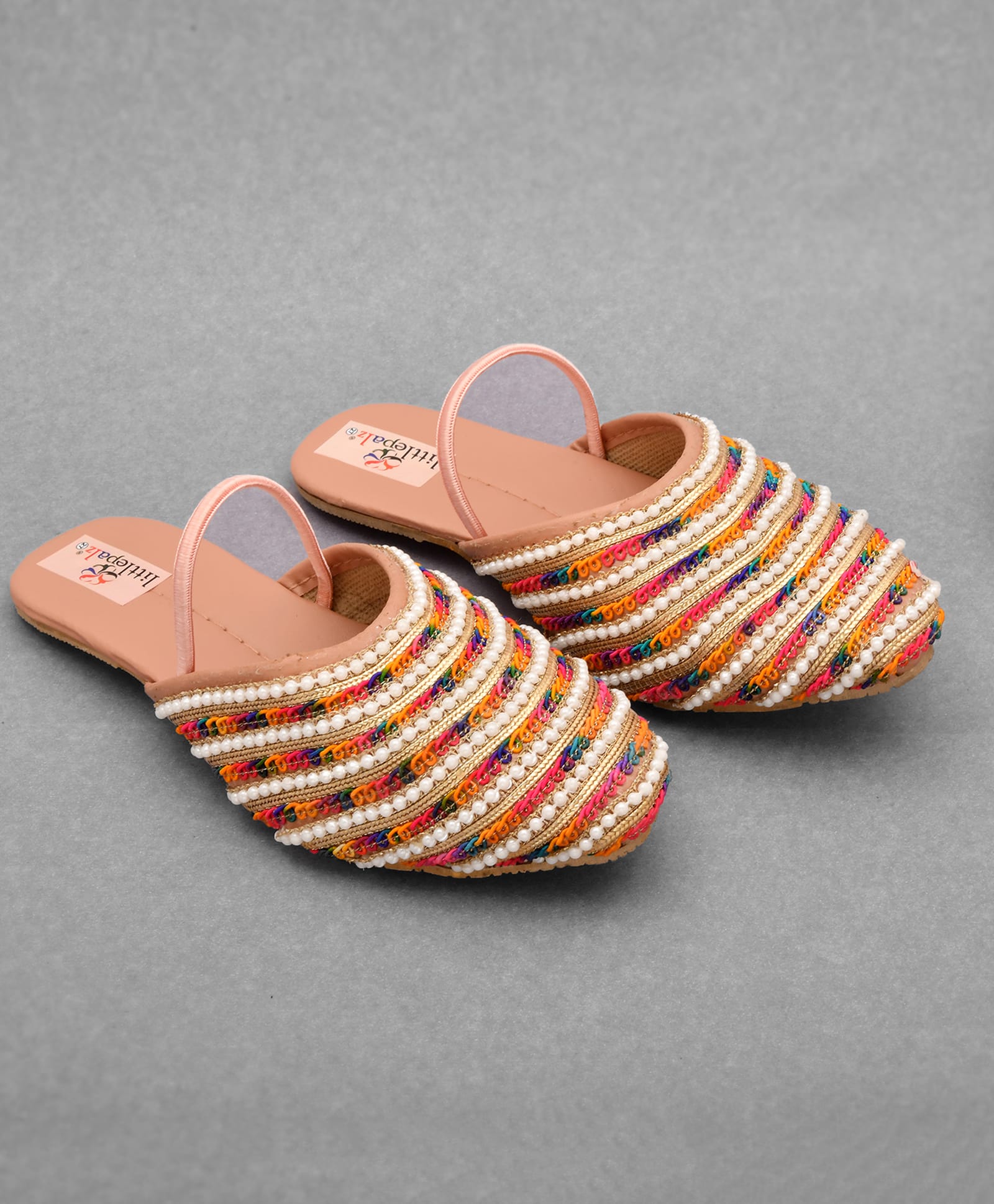 Little Palz Thread Work Embroidered & Pearl Embellished Sandals - Peach & Multi Colour-image-17