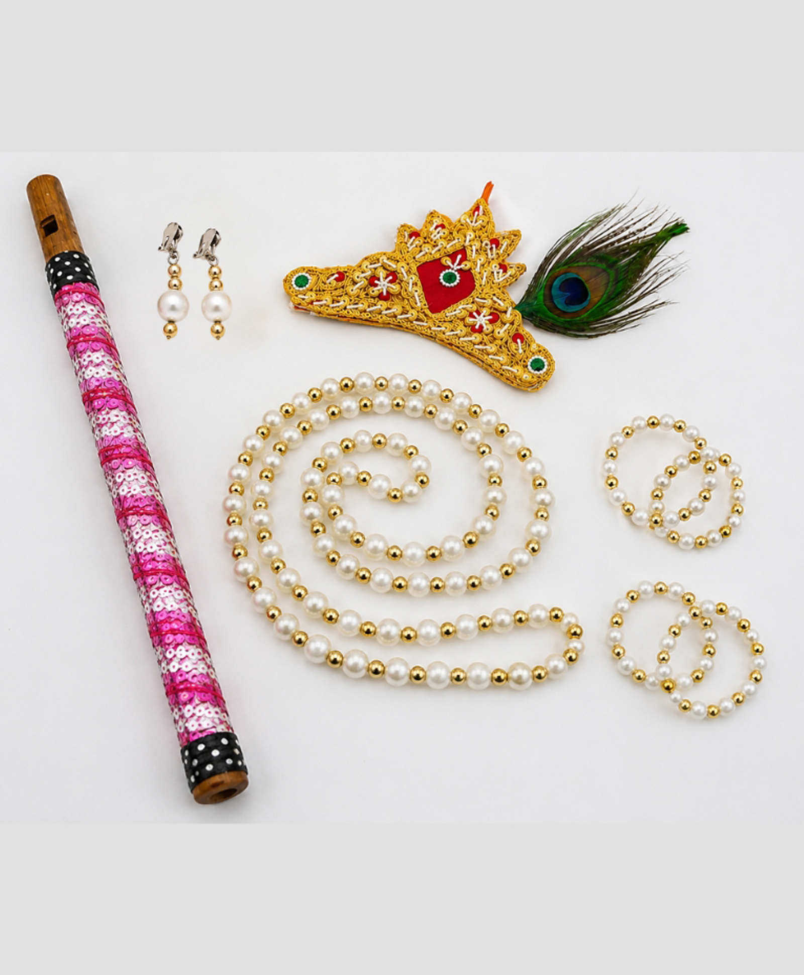Sarvda Janmashtami Theme Lord Krishna Fancy Dress Costume With Mor Pankh Mala & Kangan Accessories Set - Multi Colour-image-18