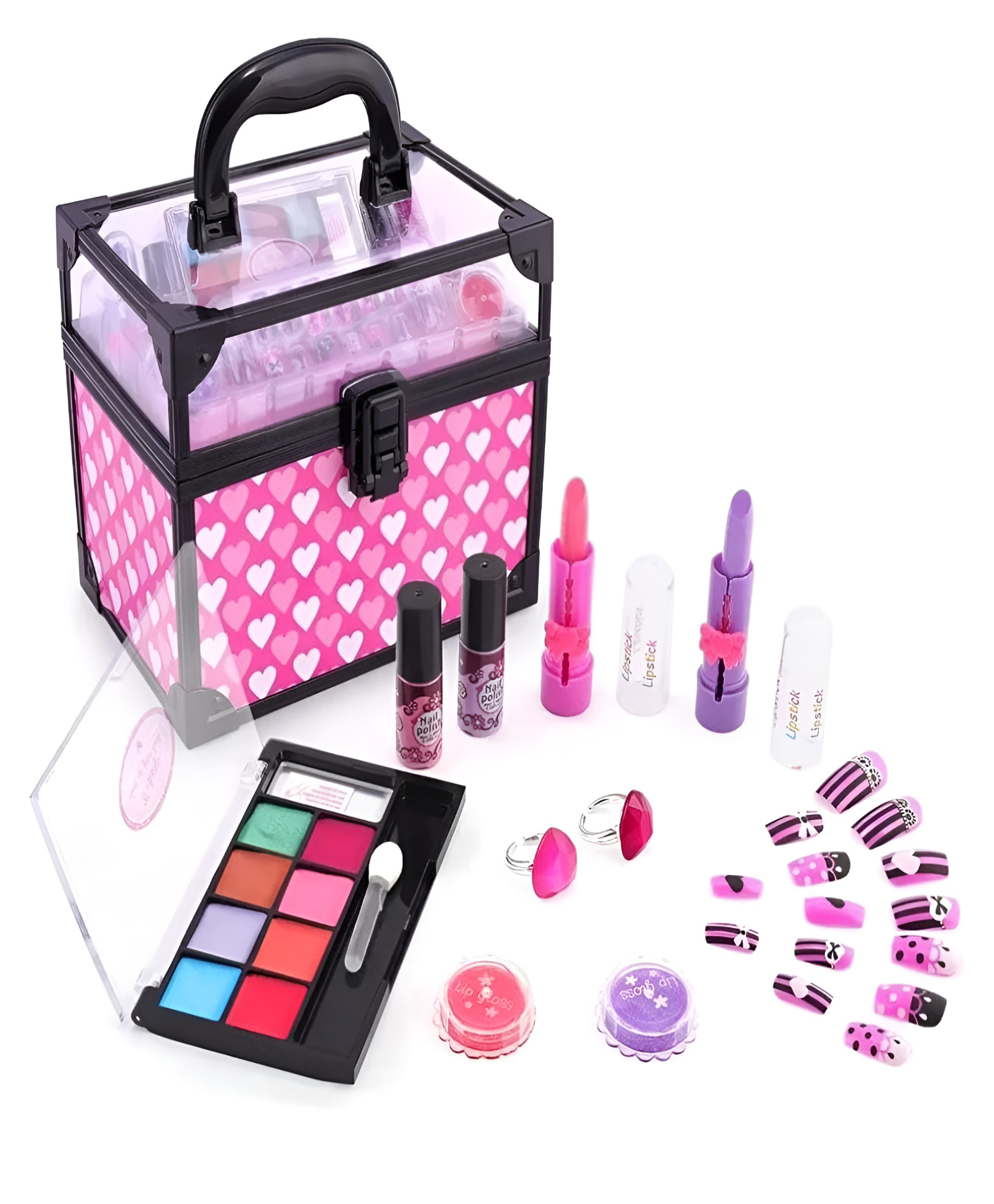 NEGOCIO Makeup Kit with Make-up Box, Washable Makeup Set for Girls, Including Lipstick, Nail Polish, Lip Gloss, Finger Ring, Eye Shadow Palette, Nail Art Sticker - PACK OF 1- COLOR MAY VARY-picture-14