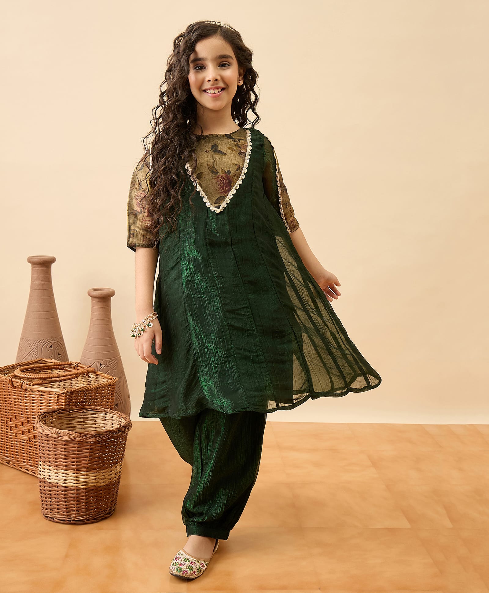 StyloBug Organza Woven Half Sleeves Lace Embellished Cut & Sew Detailed Floral Printed Kurti & Pyjama Set - Green-picture-8
