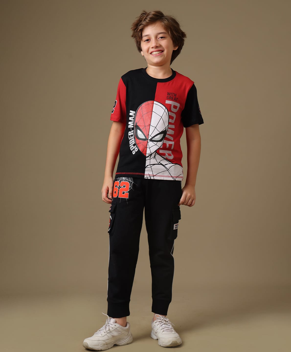 Kidsville Knit Marvel Featuring Half Sleeves Spider Man Printed Tee & Joggers Set - Black & Red-image-48