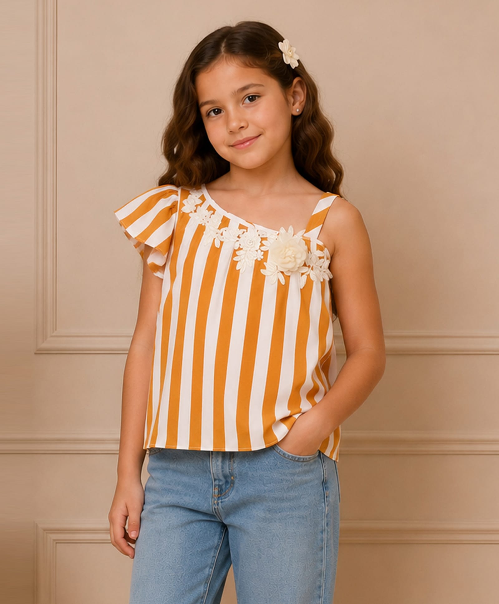 Cutecumber Woven Sleeveless Floral Embroidered & Applique Detailed Striped Top - Mustard-image-43