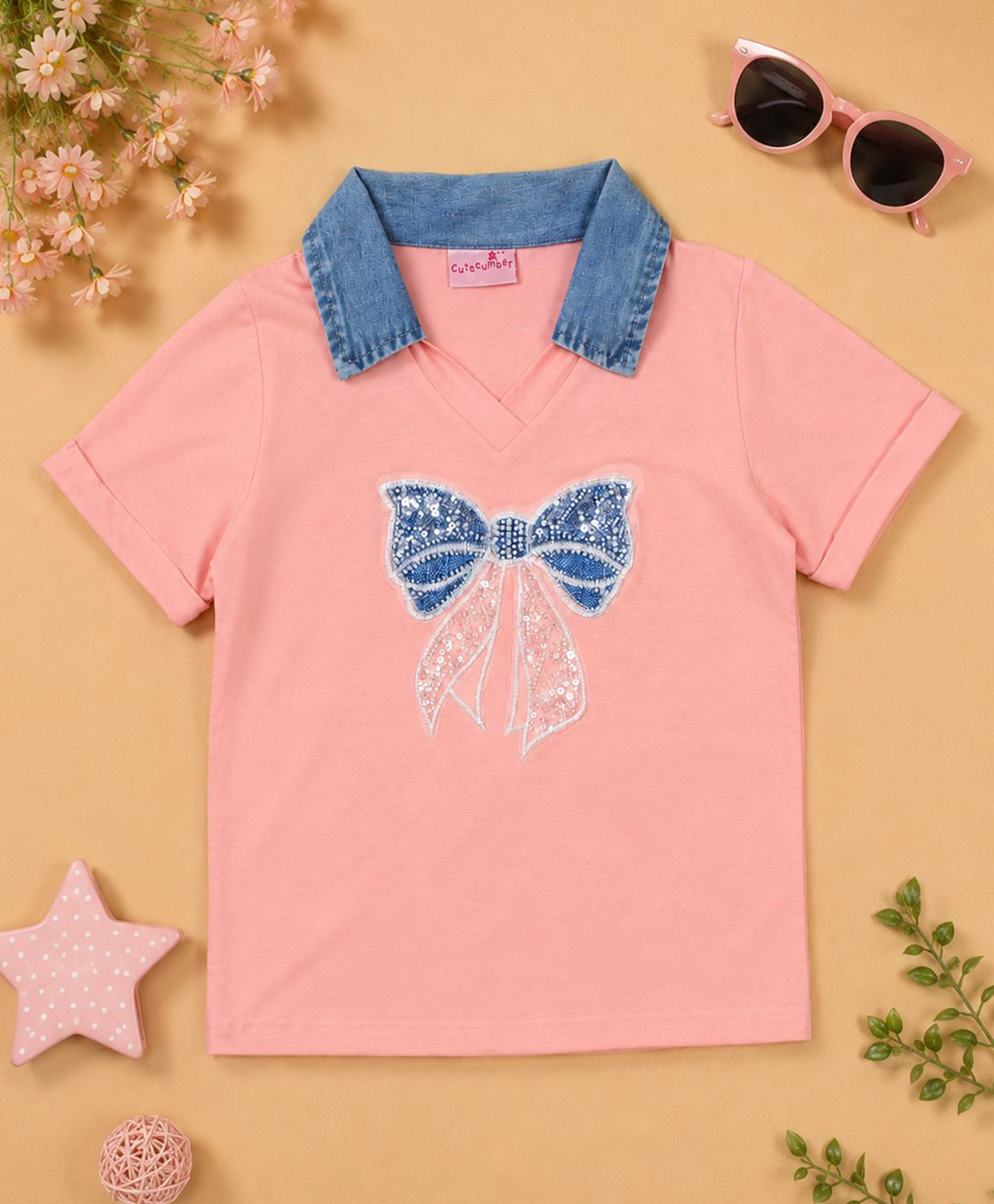 Cutecumber Cotton Knit Half Sleeves Bow Applique Detailed Beads Embellished Top - Peach-picture-27