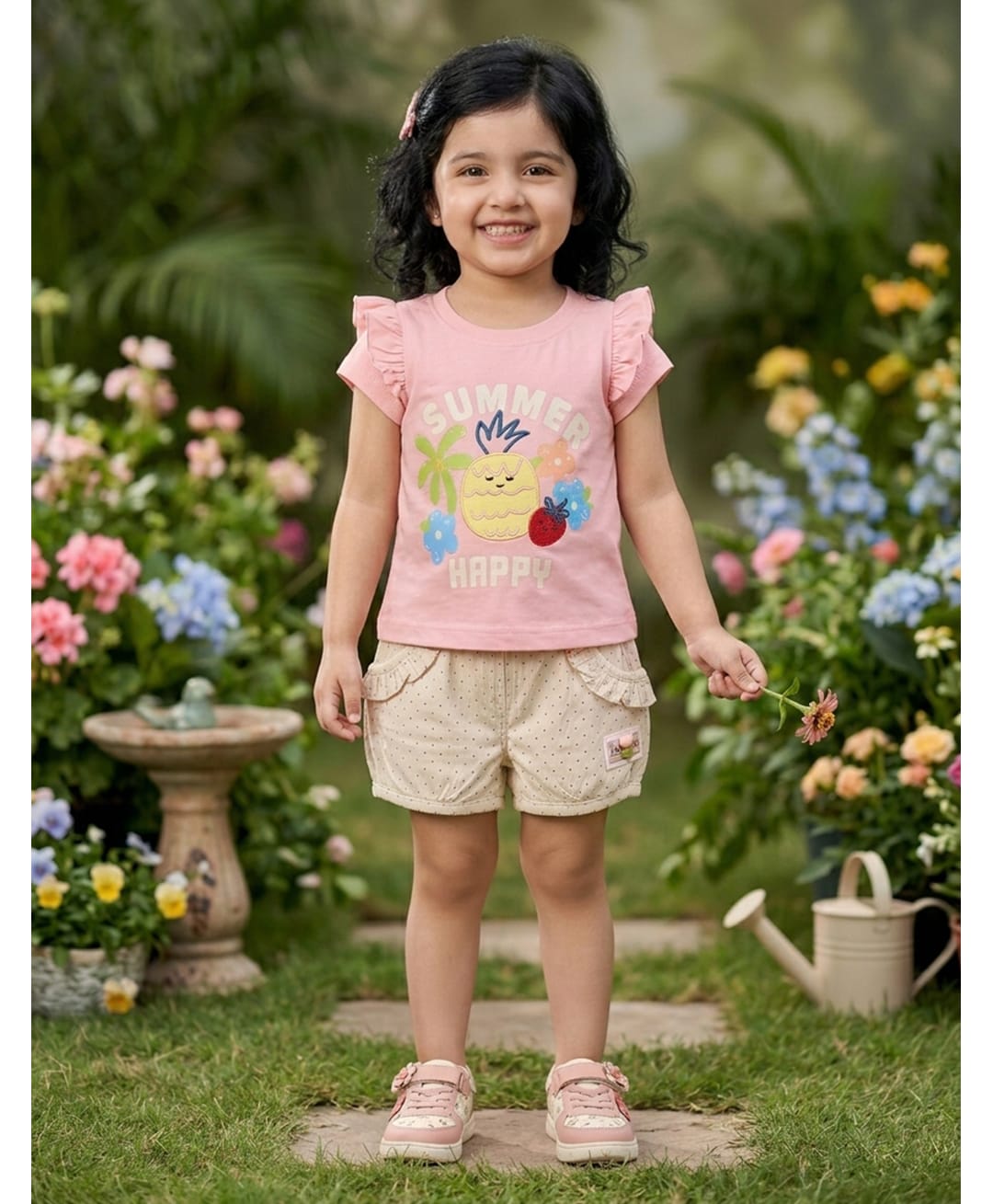 Nottie Planet Cotton Knit Frill Sleeves Floral & Summer Happy Text Printed Top & Shorts - Pink-image-38
