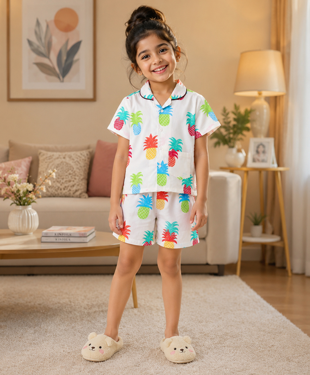 The Magic Wand Cotton Woven Half Sleeves Pineapple Printed Coordinating Shirt & Shorts Night Suit - White-image-12